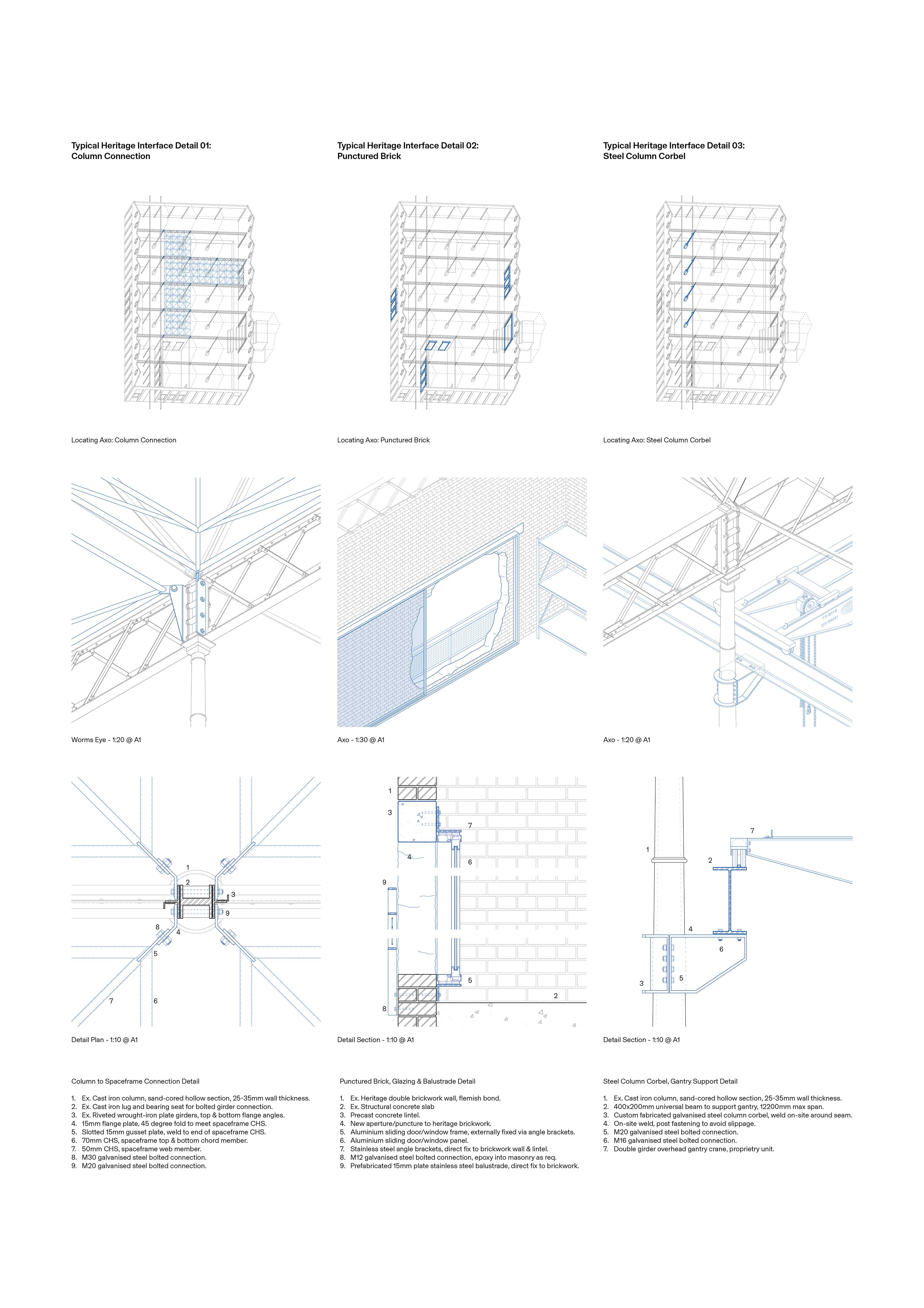 Reversible insertions, bolted connections, and suspended systems form a flexible, legible framework. Brick, concrete, steel, acrylic, and plywood shape a clear, direct material language grounded in restraint and honesty.