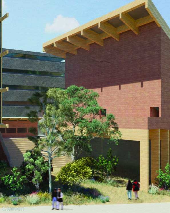 Rendered view of the central courtyard, framed by native planting and the grounded rammed earth volume of the indoor auditorium.