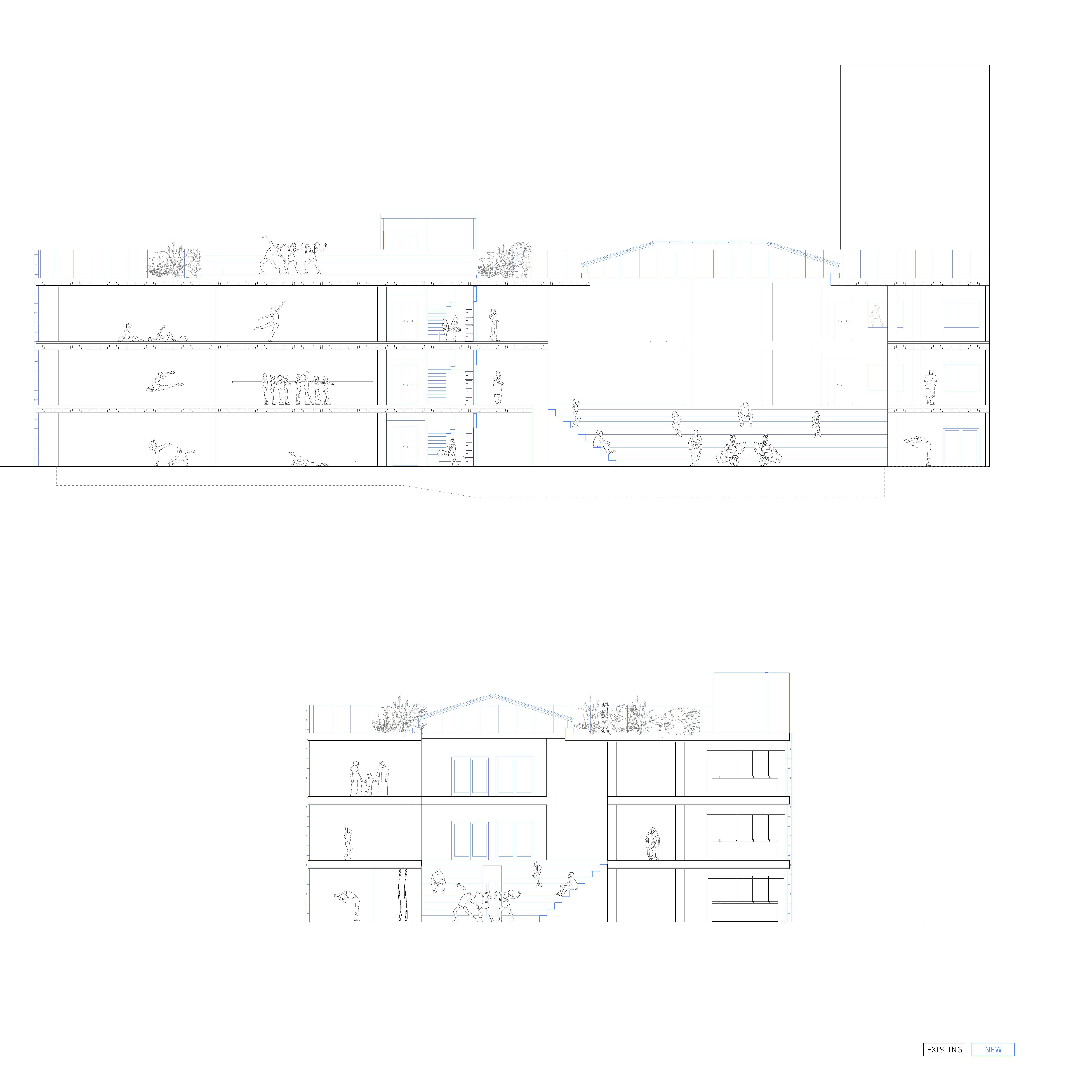 The building’s two halves support continuous activity: studios and training spaces operate nearly 24 hours for diverse users, while the performance side activates during scheduled events, workshops, and community gatherings.