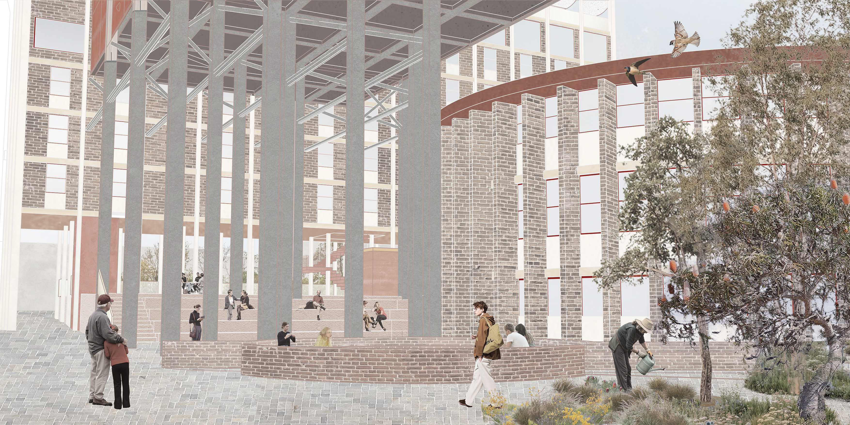 The protective underbelly of the extruded theatre is the main gathering place, a refuge looking out over the native garden and sheltering the outdoor amphitheatre within vertical concrete spines.