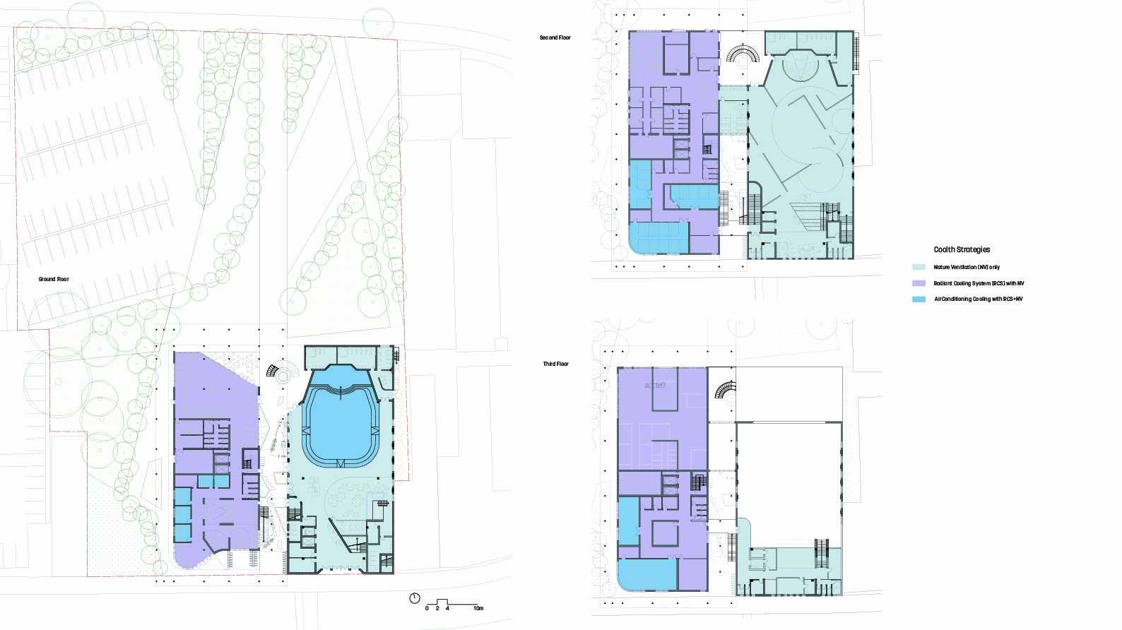 The plans layer natural ventilation, radiant cooling, and targeted AC across floors. Spaces shift from open gathering zones to quiet rooms, forming a soft, climate-responsive environment for diverse community needs.