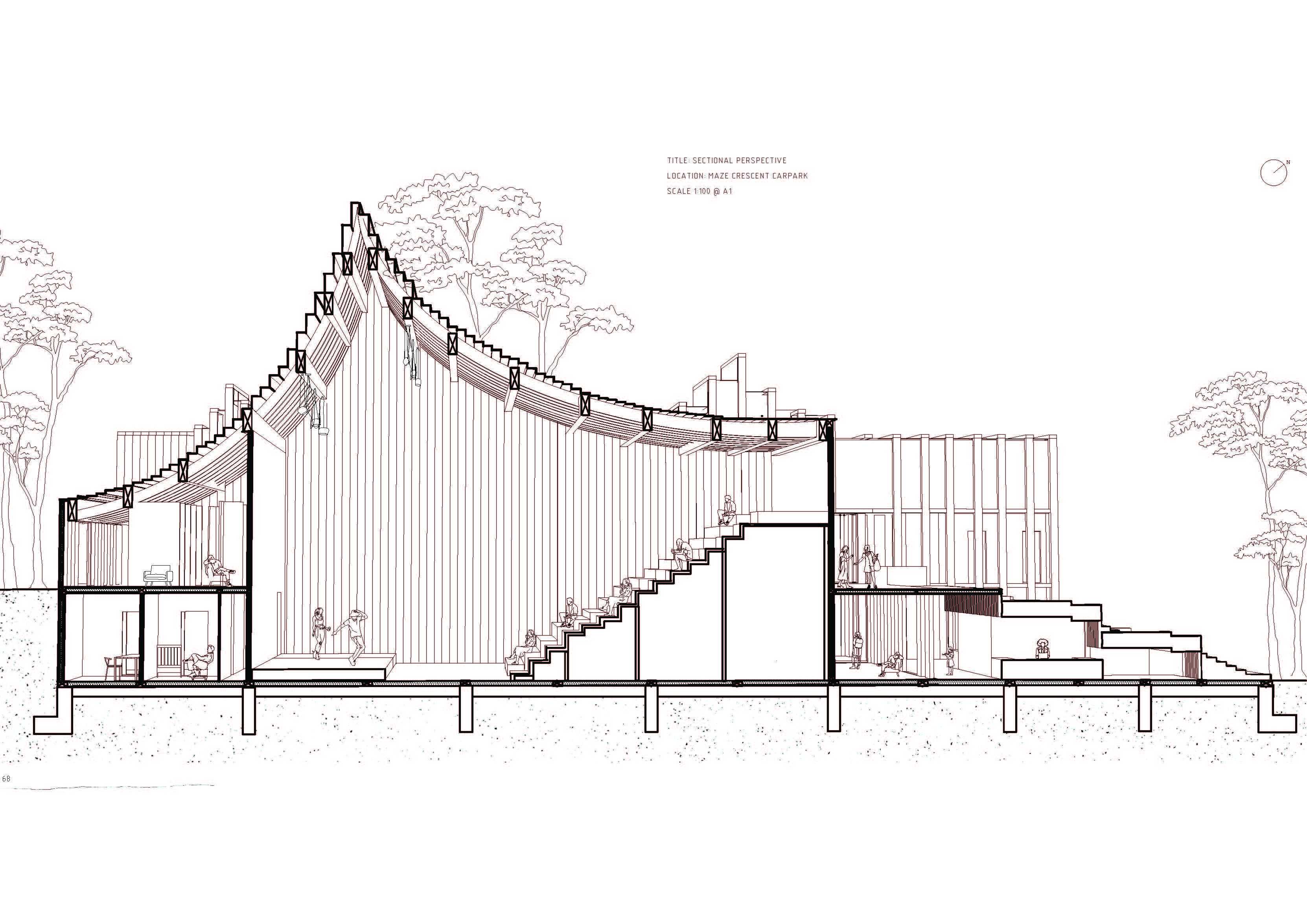 Sectional perspective illustrating the unfolding spatial journey, where light, sound, and structure shape moments of pause, connection, and acoustic resonance.
