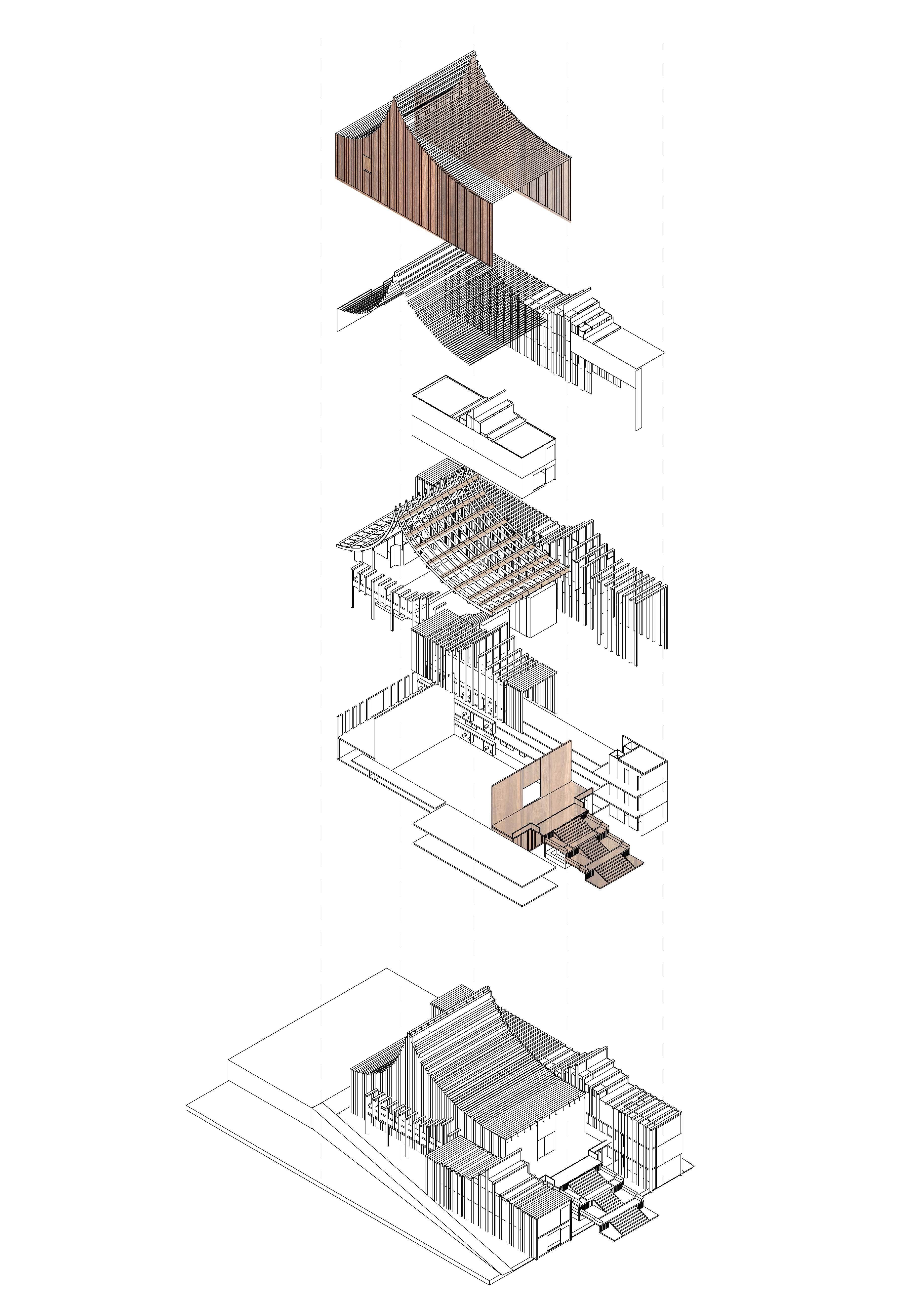 Structural components unfold in an Exploded Axonometric, showing how beams, columns, and connective elements form the framework of the design’s resonant architecture.