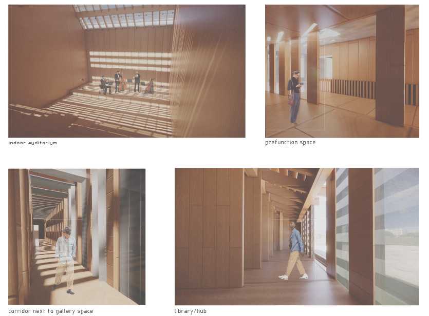 Interior renders illustrating the project’s acoustic atmosphere, where soft transitions, warm materials, and layered spaces foster pause, presence, and engagement.
