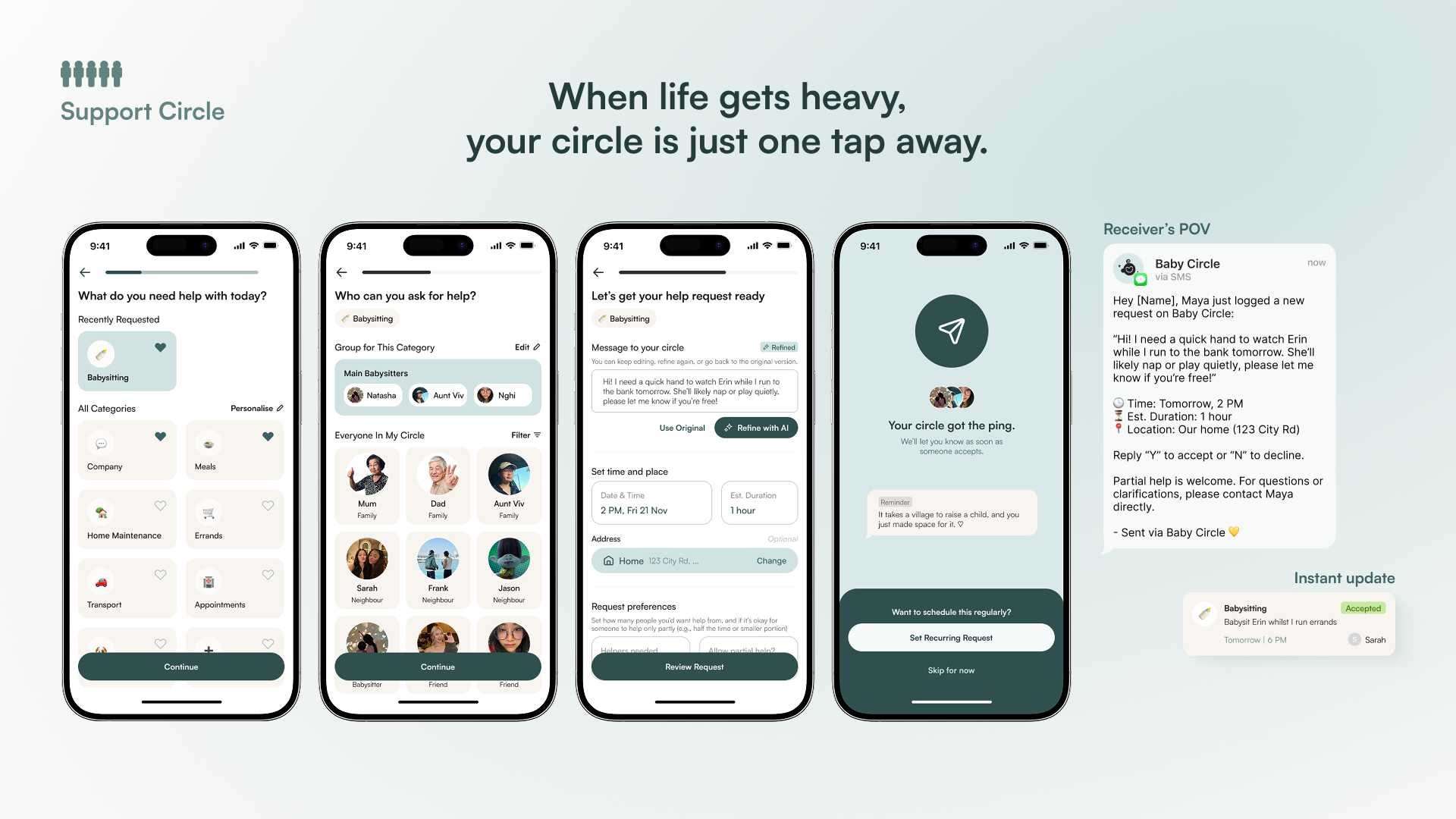 With Twilio-powered SMS automation, parents can send one coordinated help request to selected Circle members, alleviating the stress of manual messaging or juggling between apps.