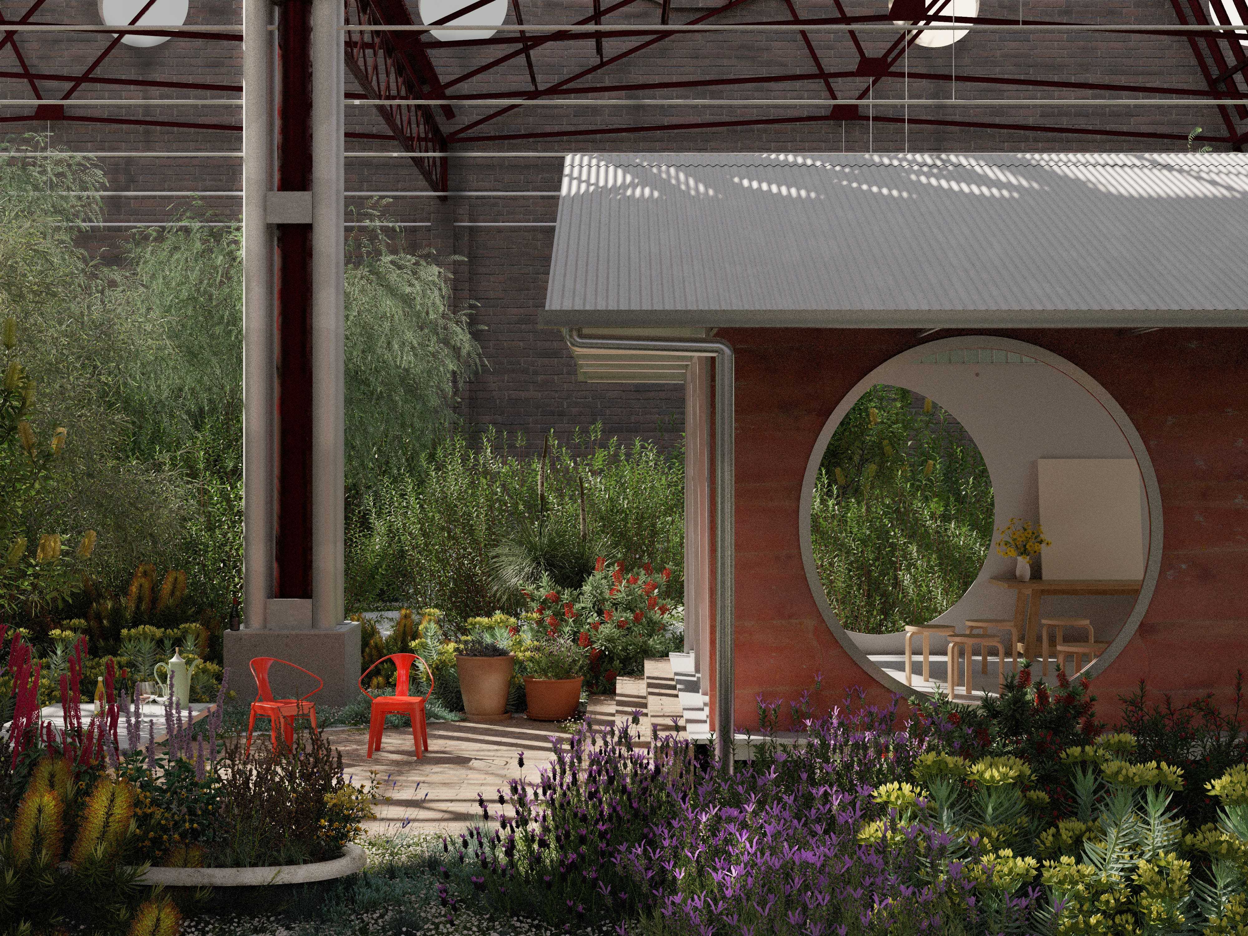Render. The former maintenance of trams now becomes the maintenance of gardens. A series of unassuming pavilions occupy the industrial site establishing a sense of domesticity and familiarity.