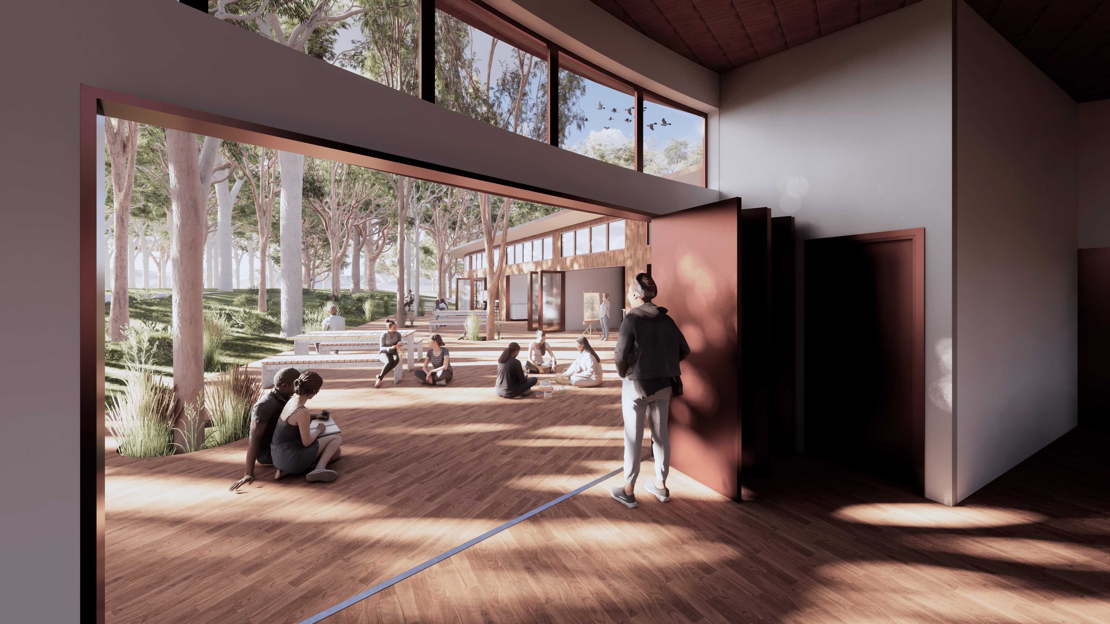 The womens and art workshops open to a deck built around existing gums, giving direct a connection to nature. The deck is a place for making, relaxing and cultural exchange.