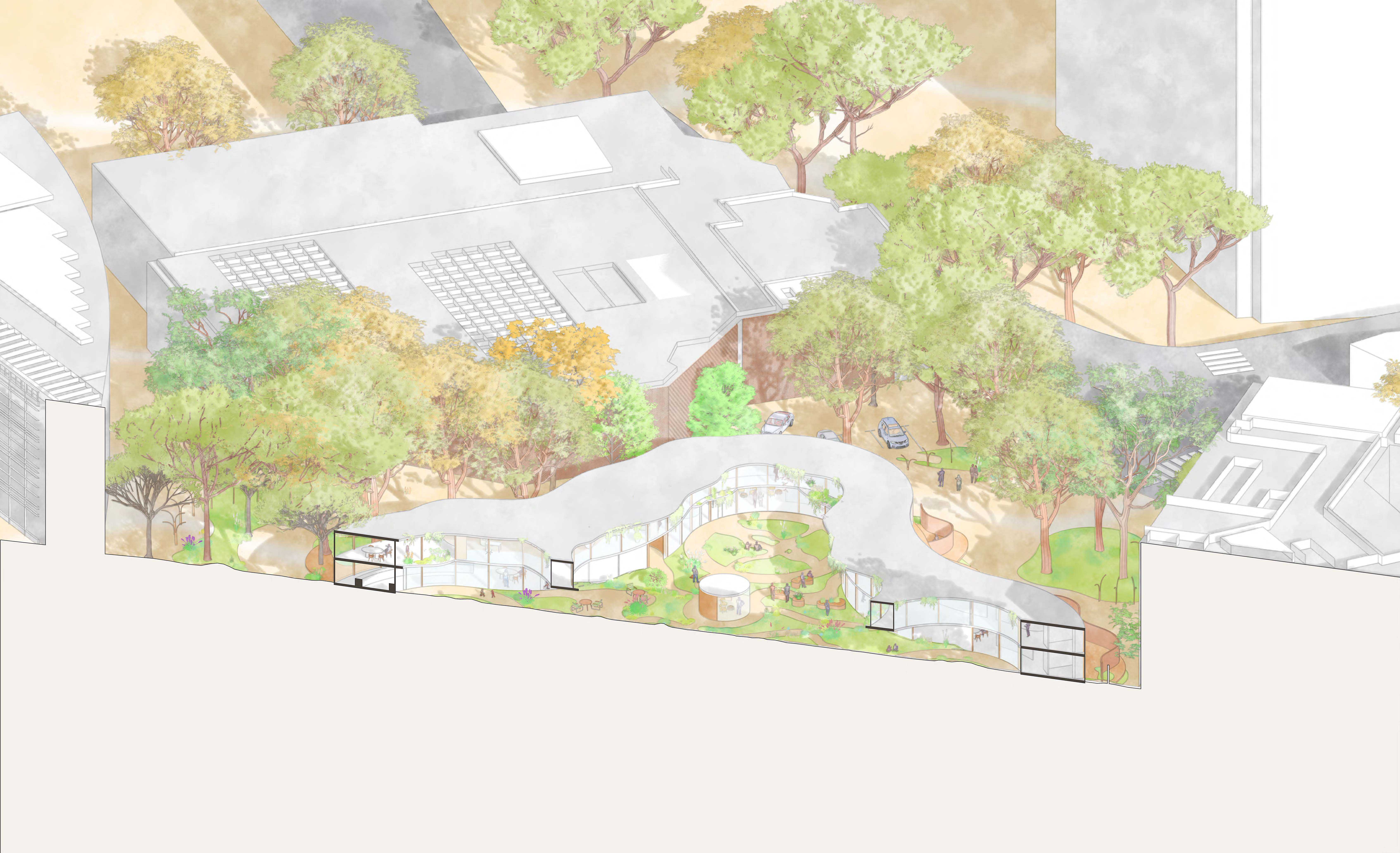 Sectional Axonometric - Gardening activity space, incorporated due to the importance of movement, promoting self-discovery and reflection, which is imperative to autonomous healing.