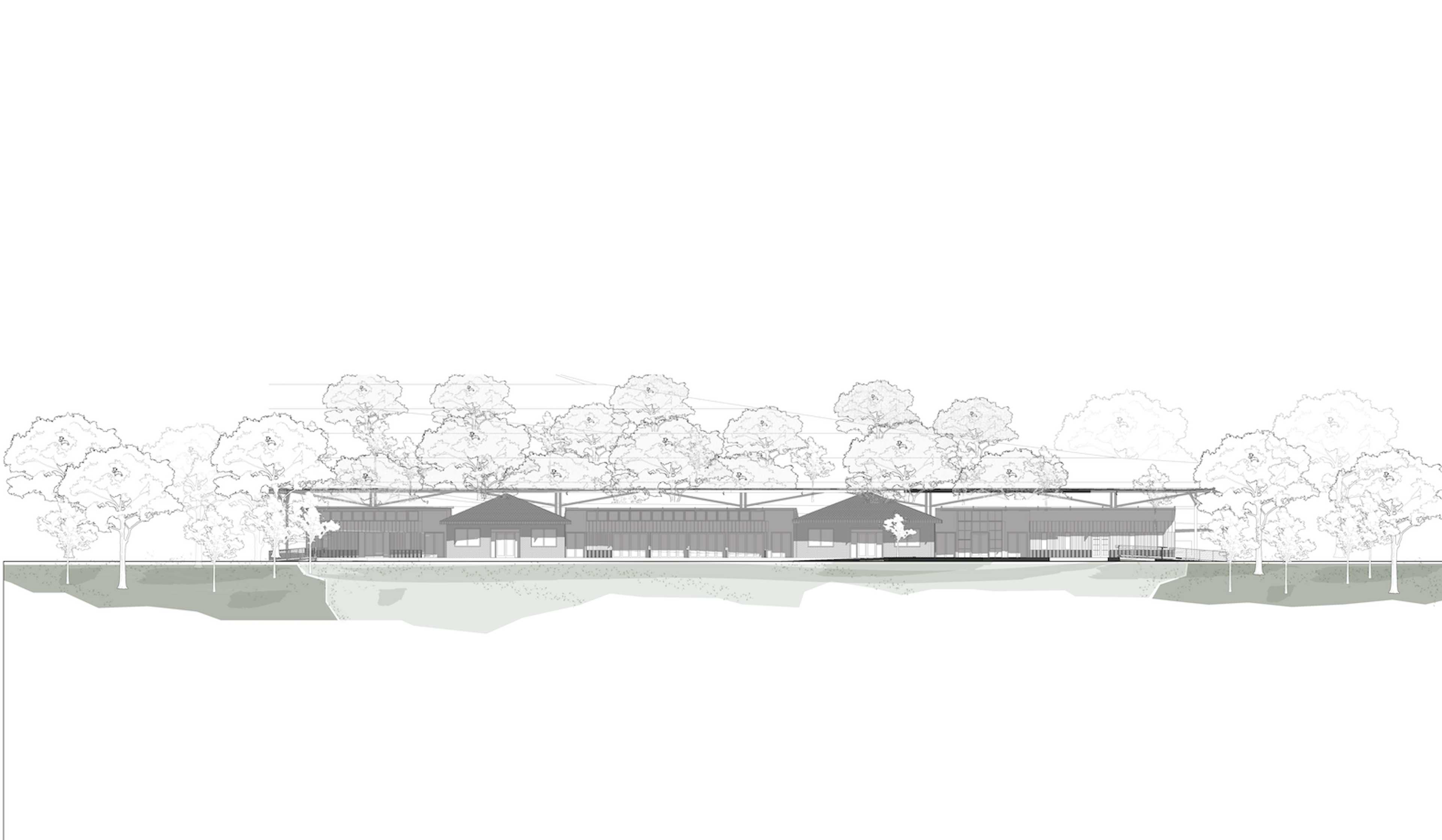 A monochrome elevation to highlight the contrast in materiality and form between new and existing structures