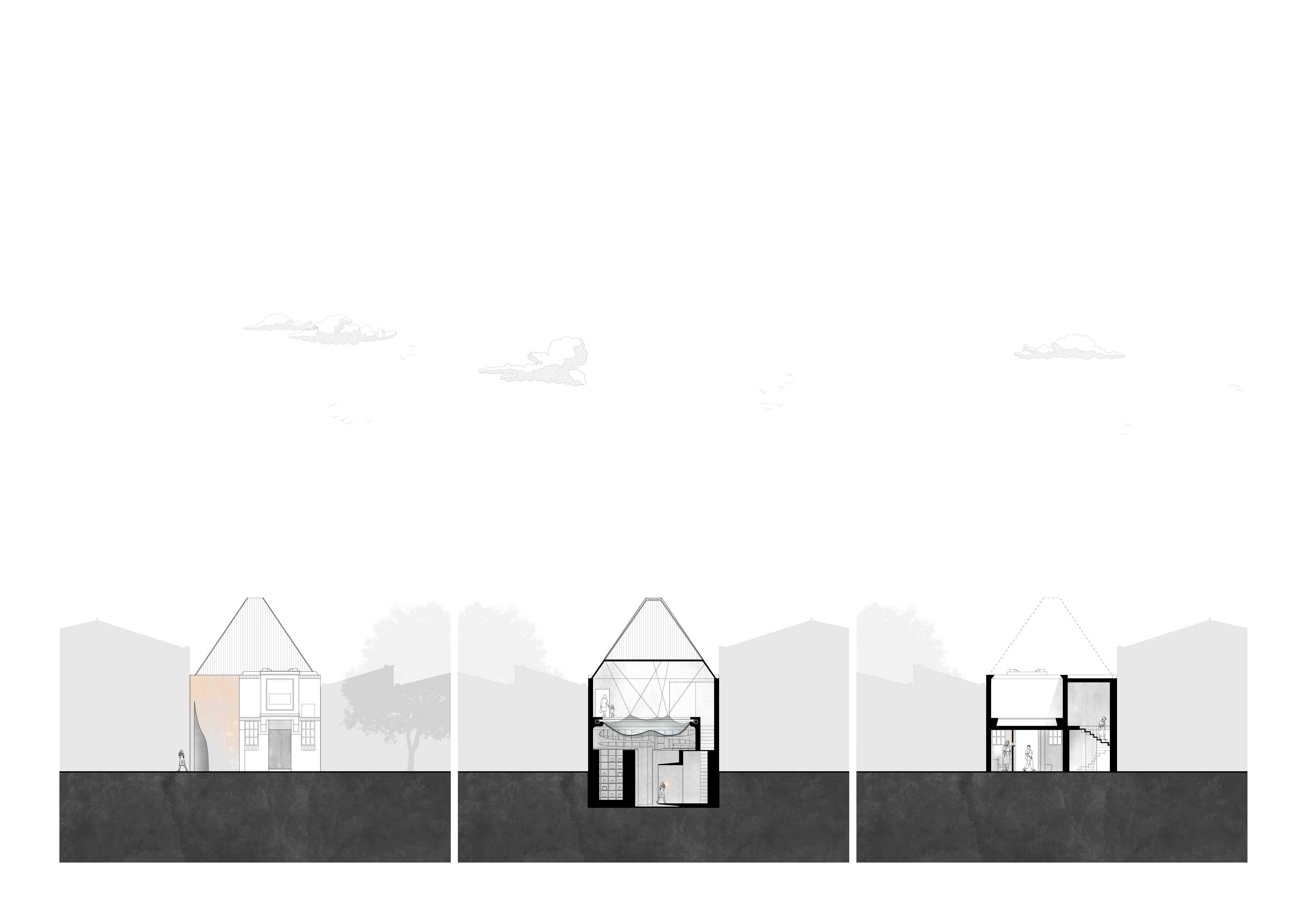 Elevation and Short Sections. The camera obscura gathers the sky above, projecting its shifting image onto the screen, transforming the outside world into a quiet, moving presence within the columbarium.