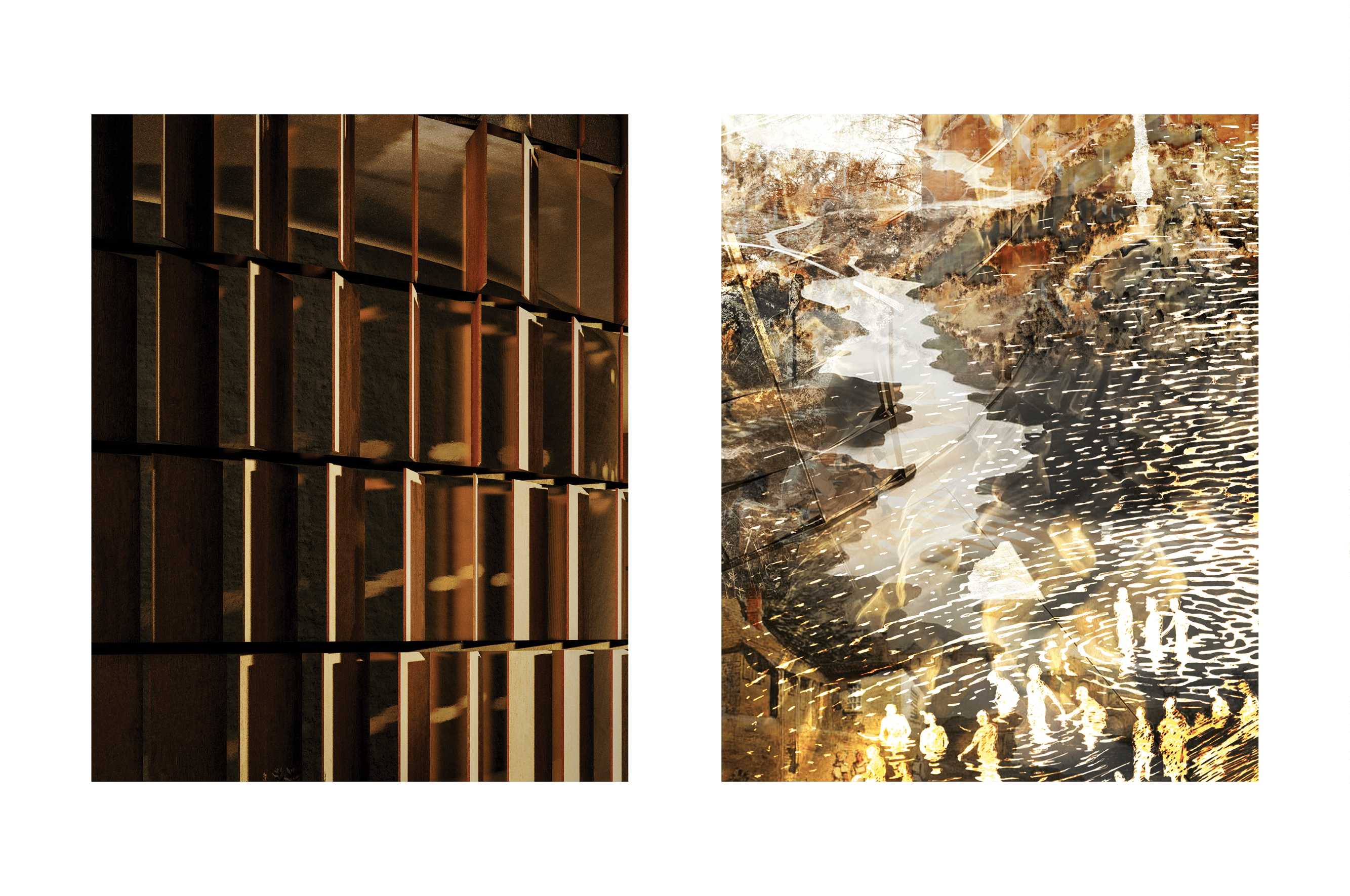 Collage study how surface, light, and trace behave together. The facade translates this by letting light seep through shifting planes, marking time just like softened echo of the lost river.