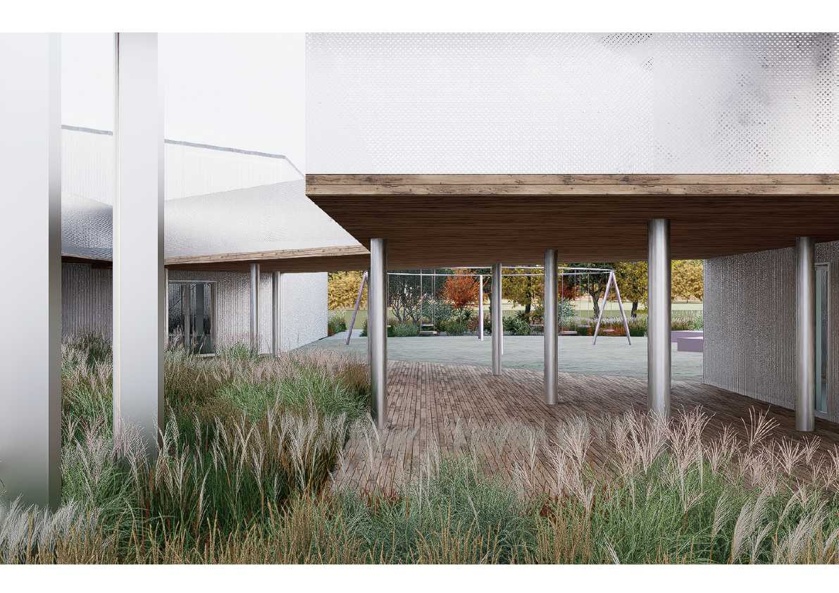 Garden thresholds render: after checking in at the reception...you may roam around the outside, doing telehealth, or just watch others swing...