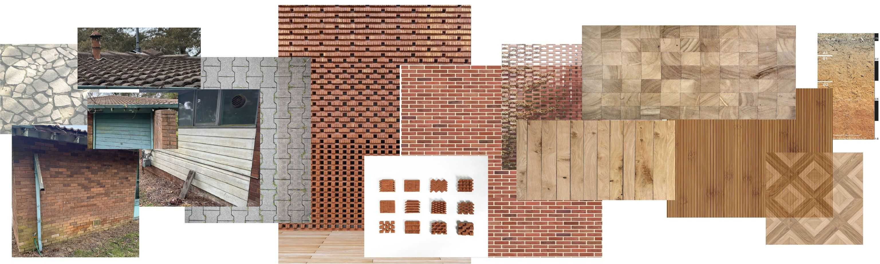 A collage of reused bricks, reclaimed timber, and natural textures celebrating material memory, circular construction, and an eco-friendly, nature-grounded palette that shapes a warm, sustainable architectural identity.