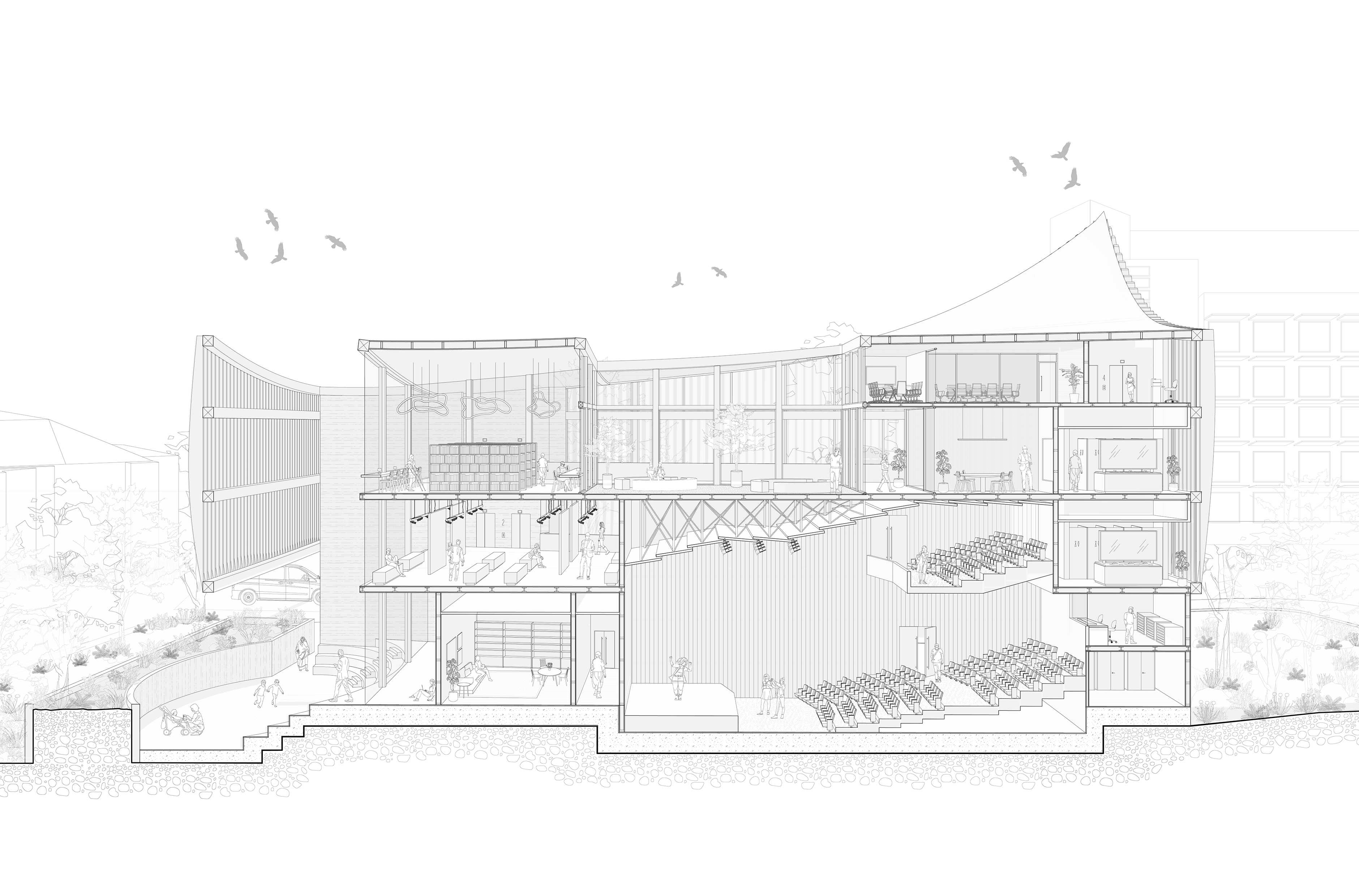 The Centre unfolds across four levels, progressing from public gathering and storytelling spaces to galleries and learning areas, and staff offices, creating a journey into Gadigal knowledge.