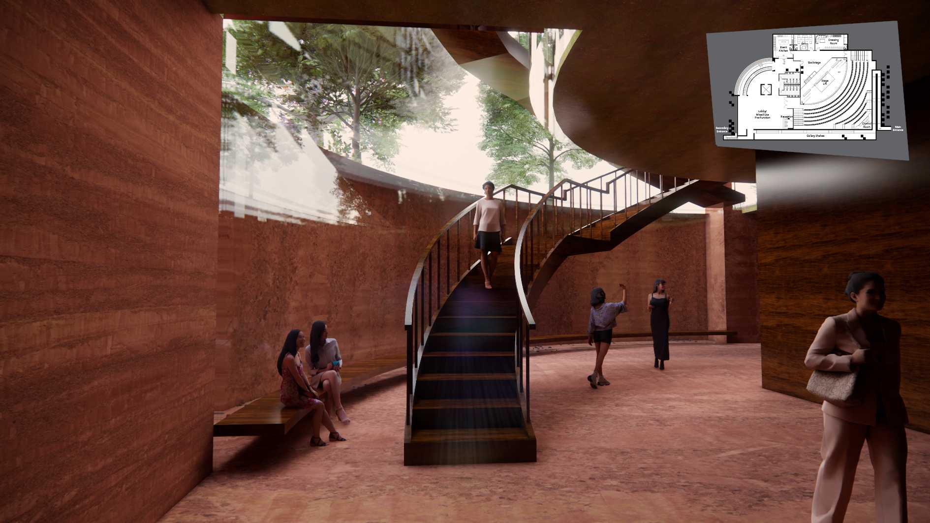 Basement Lobby
[Cave] [Collective Effervescence]

The main entrance inspires solemnity as visitors venture down a narrow path. This opens abruptly into a foyer which amplifies voices, heightening the collective conscious.