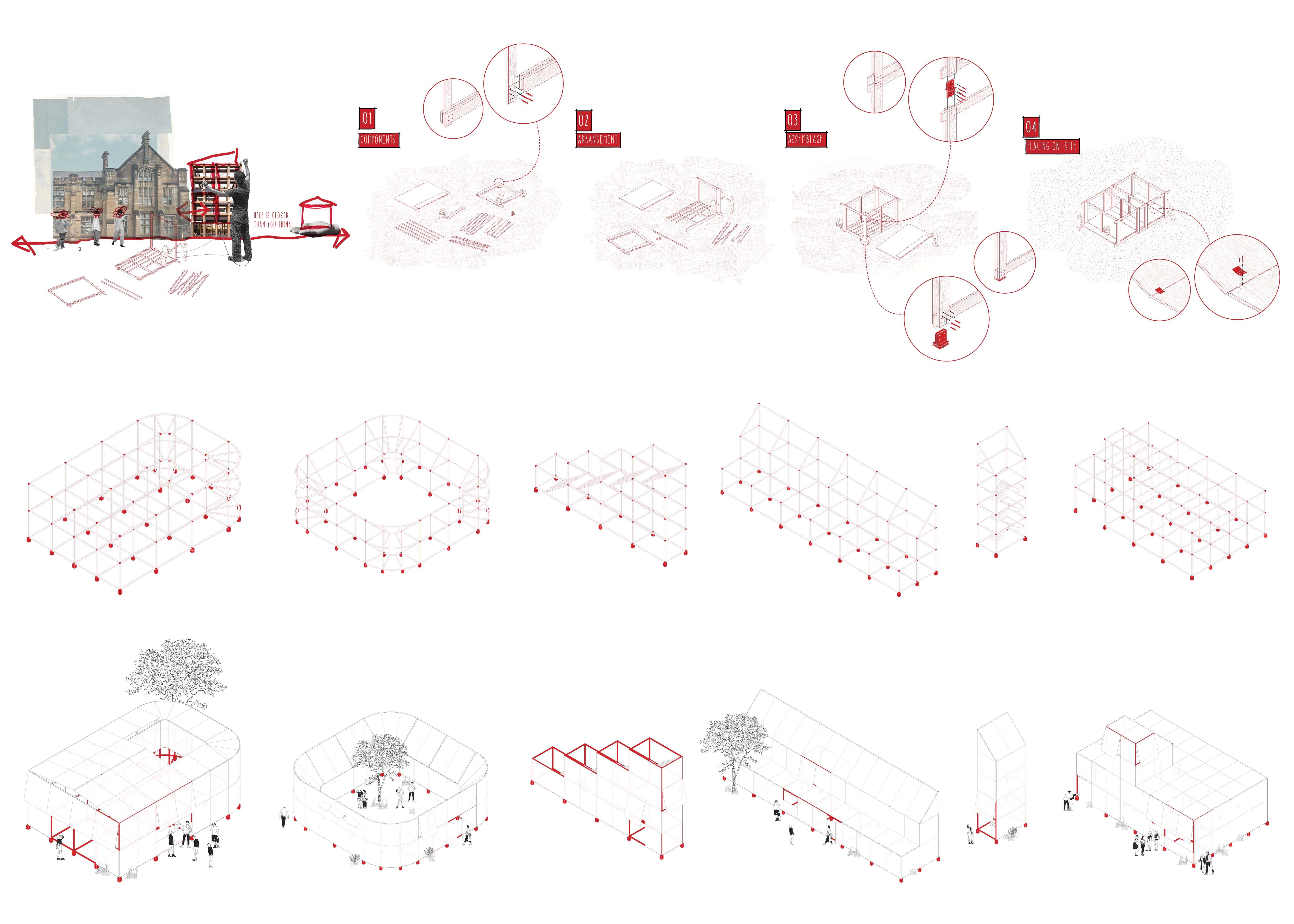 The overall eastern axonometric of the immediate site within the Camperdown precinct, with the proposal wrapping around the Anderson Stuart heritage building as the main external intervention.