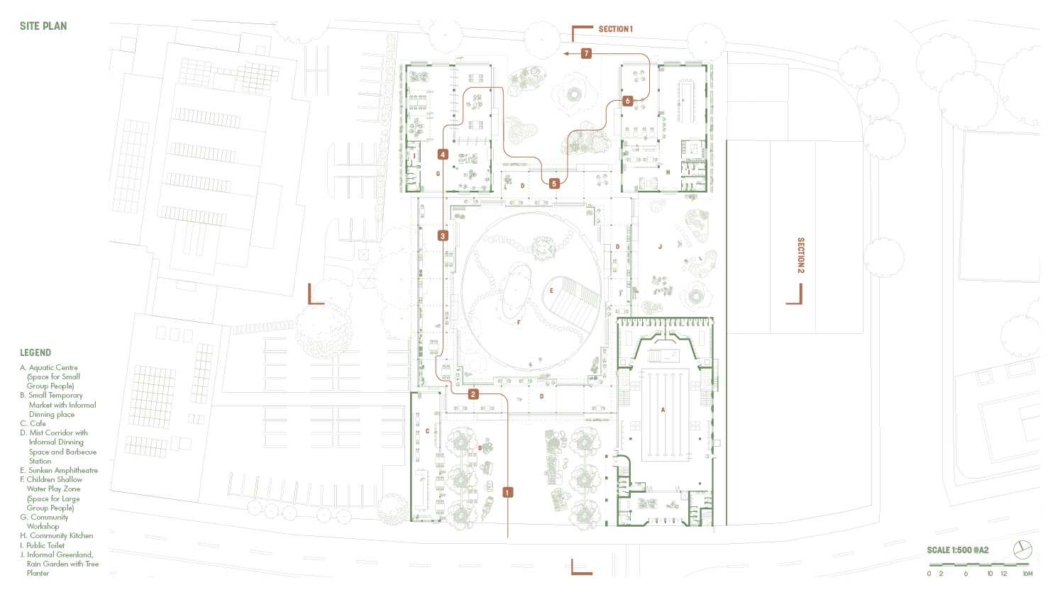 Site plan illustrating the layered cooling sequence, connecting mist corridors, main water space, workshop, and community kitchen across the site.