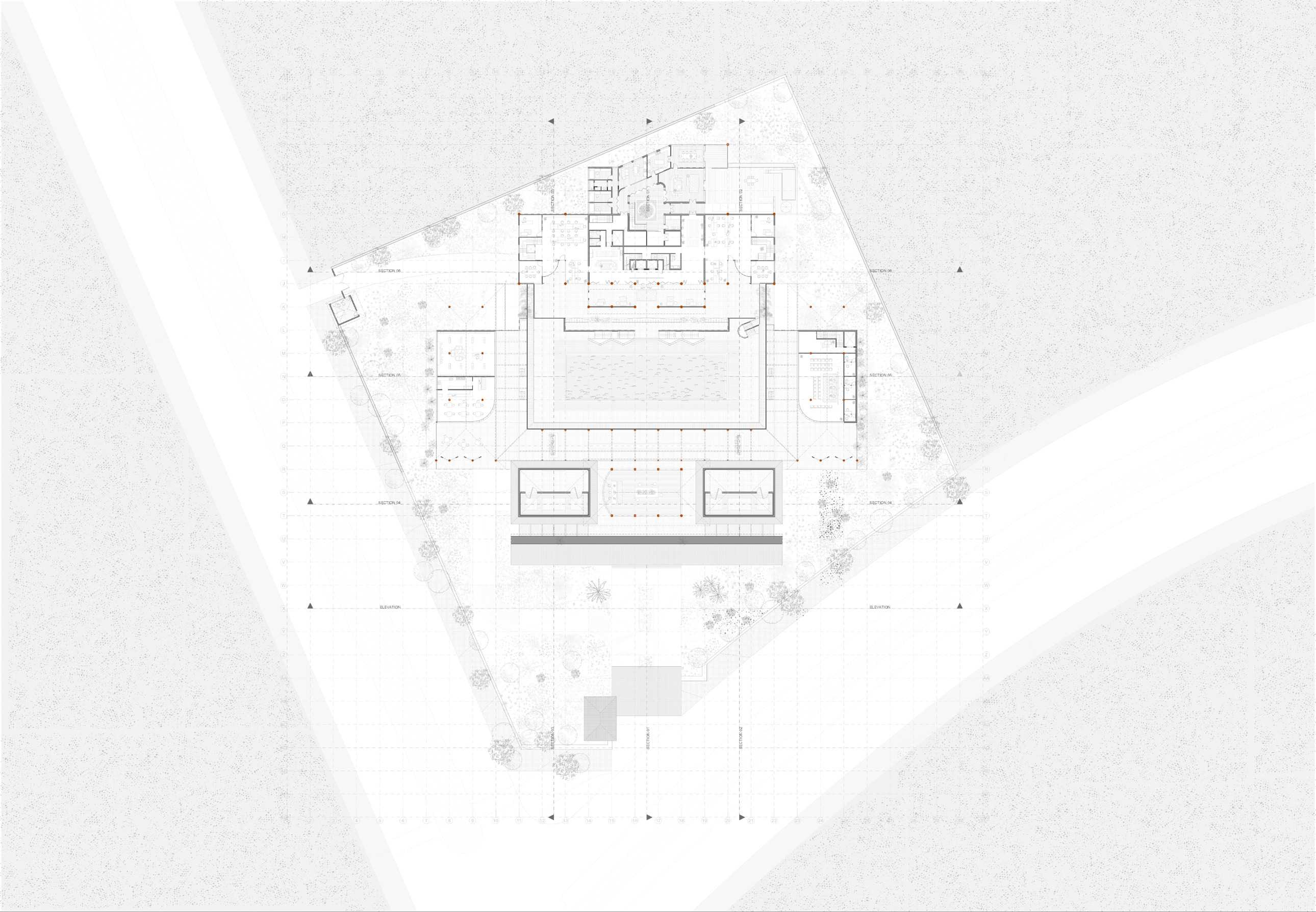 Render view from reception to embassy and courtyard