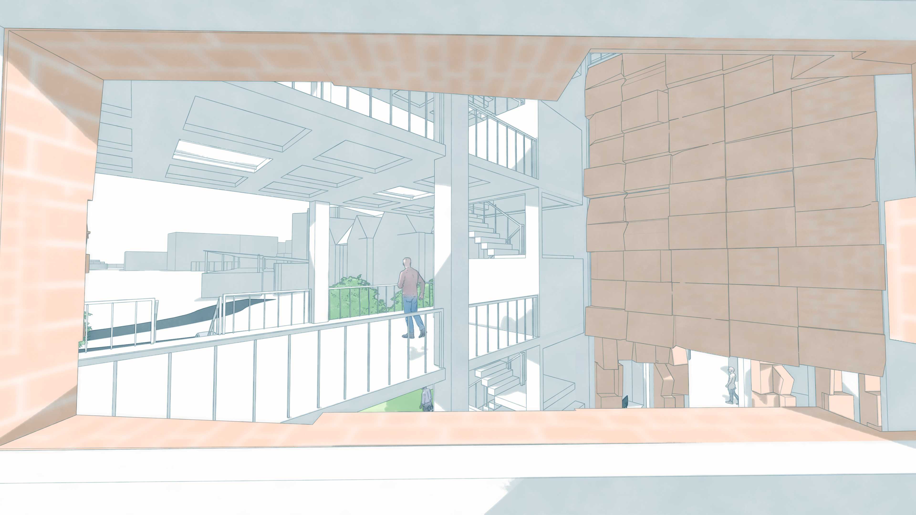 A deep, carved window opening reveals the generous central void, offering a clear view into the open multi-level space where light, circulation, and greenery create a calm interior courtyard.