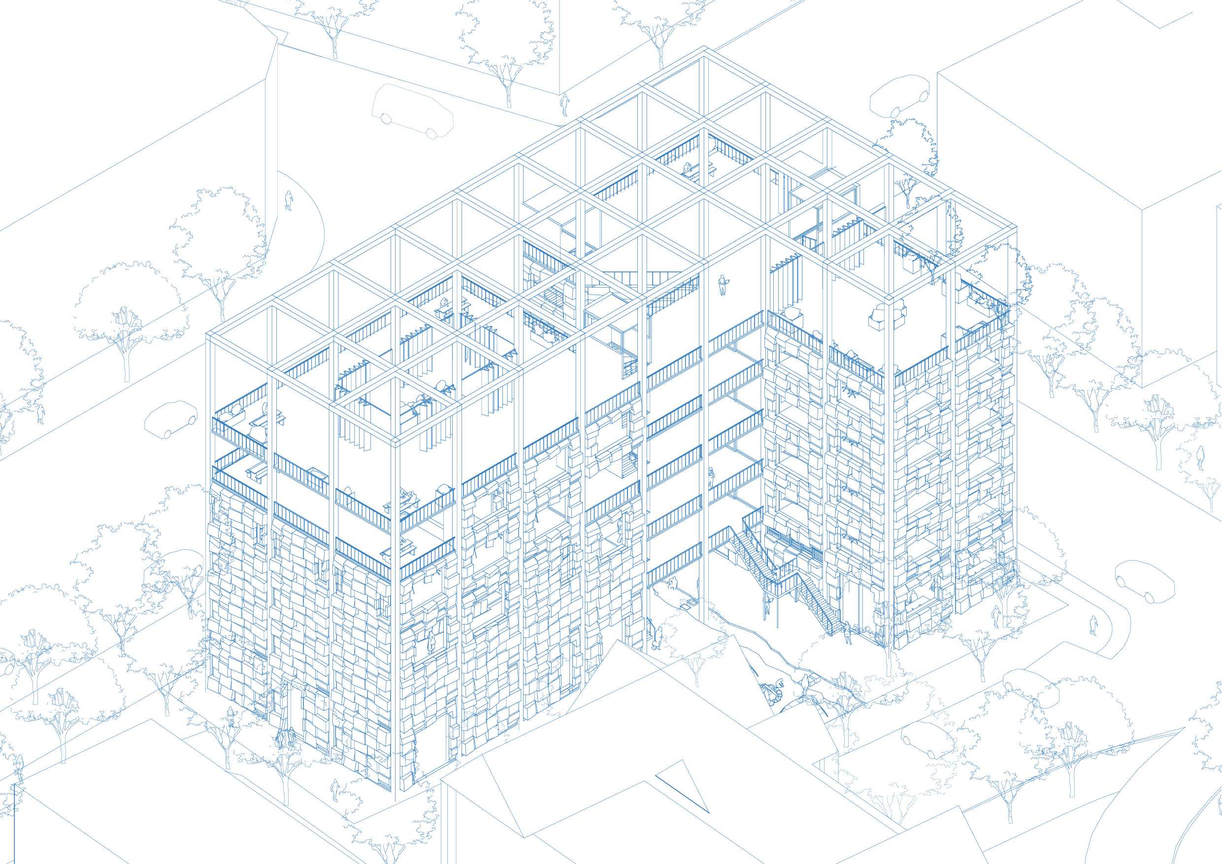 The axonometric reveals two buildings linked by elevated walkways with a structural grid and carved brick façade shaping layered circulation, outdoor learning spaces and rooftop communal areas.