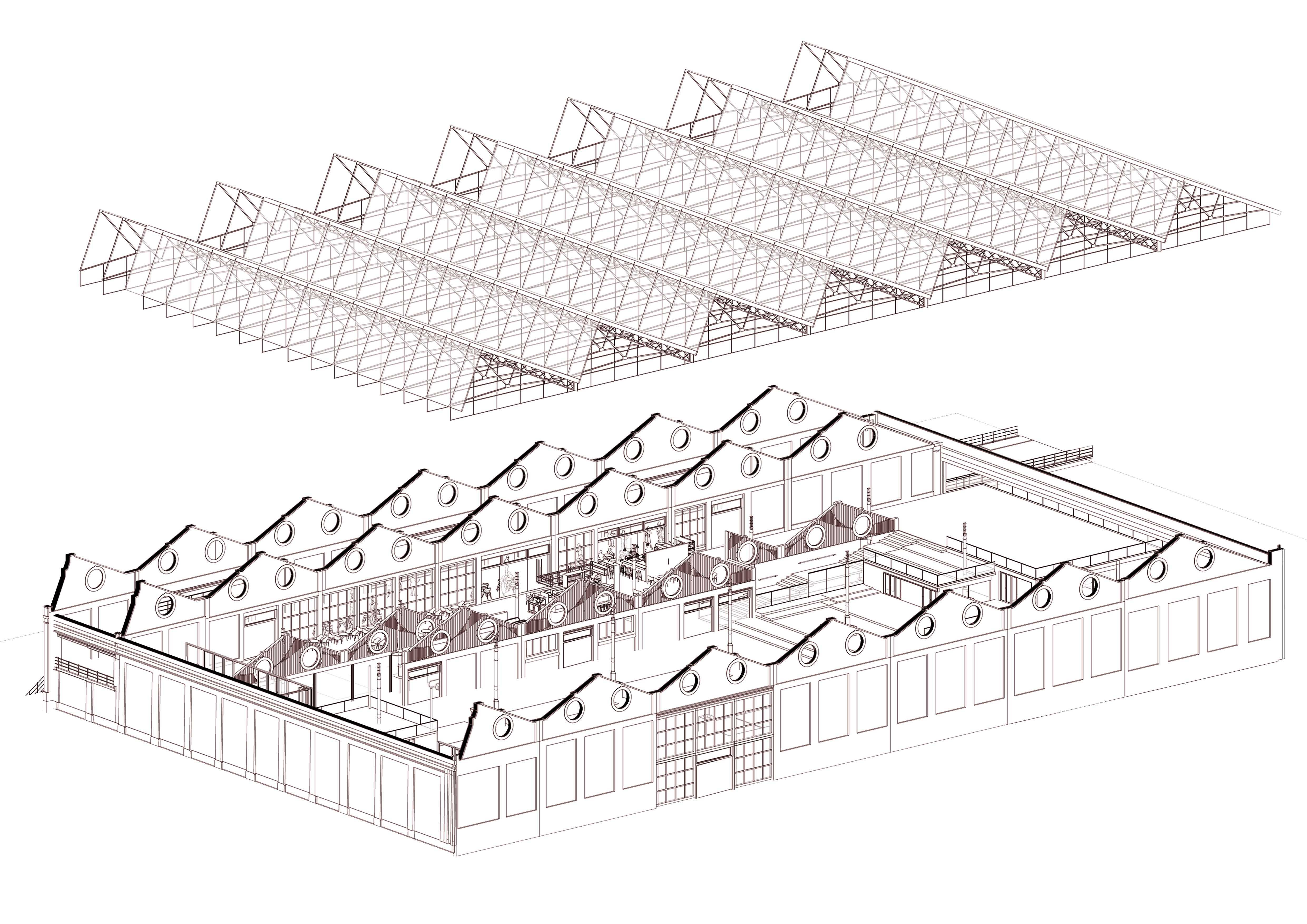 The axonometric shows the depot’s industrial shell retained as a fixed structural grid, while platforms, studios, and rehearsal spaces form adaptable infill that can shift, evolve, and be reconfigured over time.