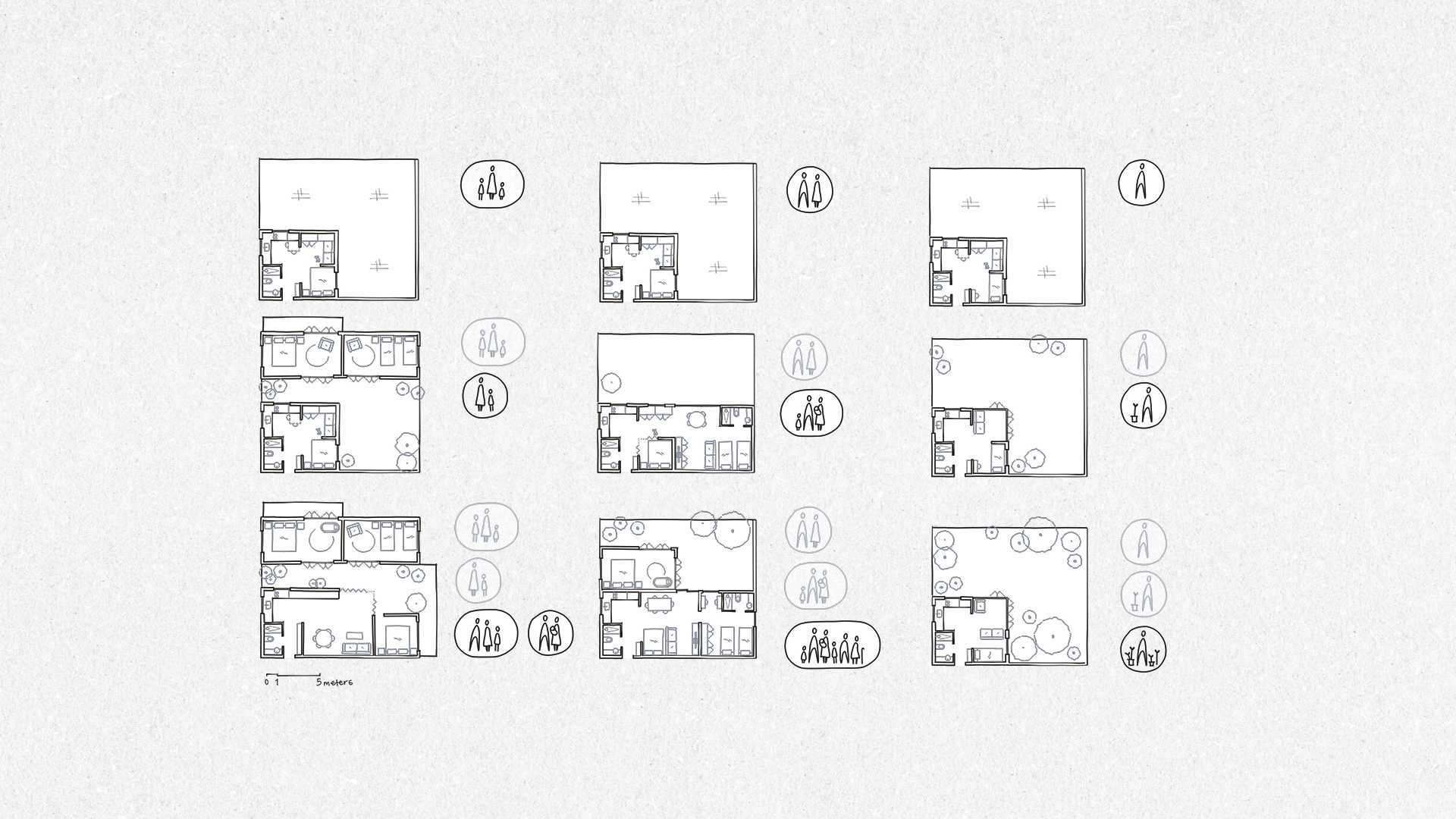Housing model layout variations; adaptable to inhabitant