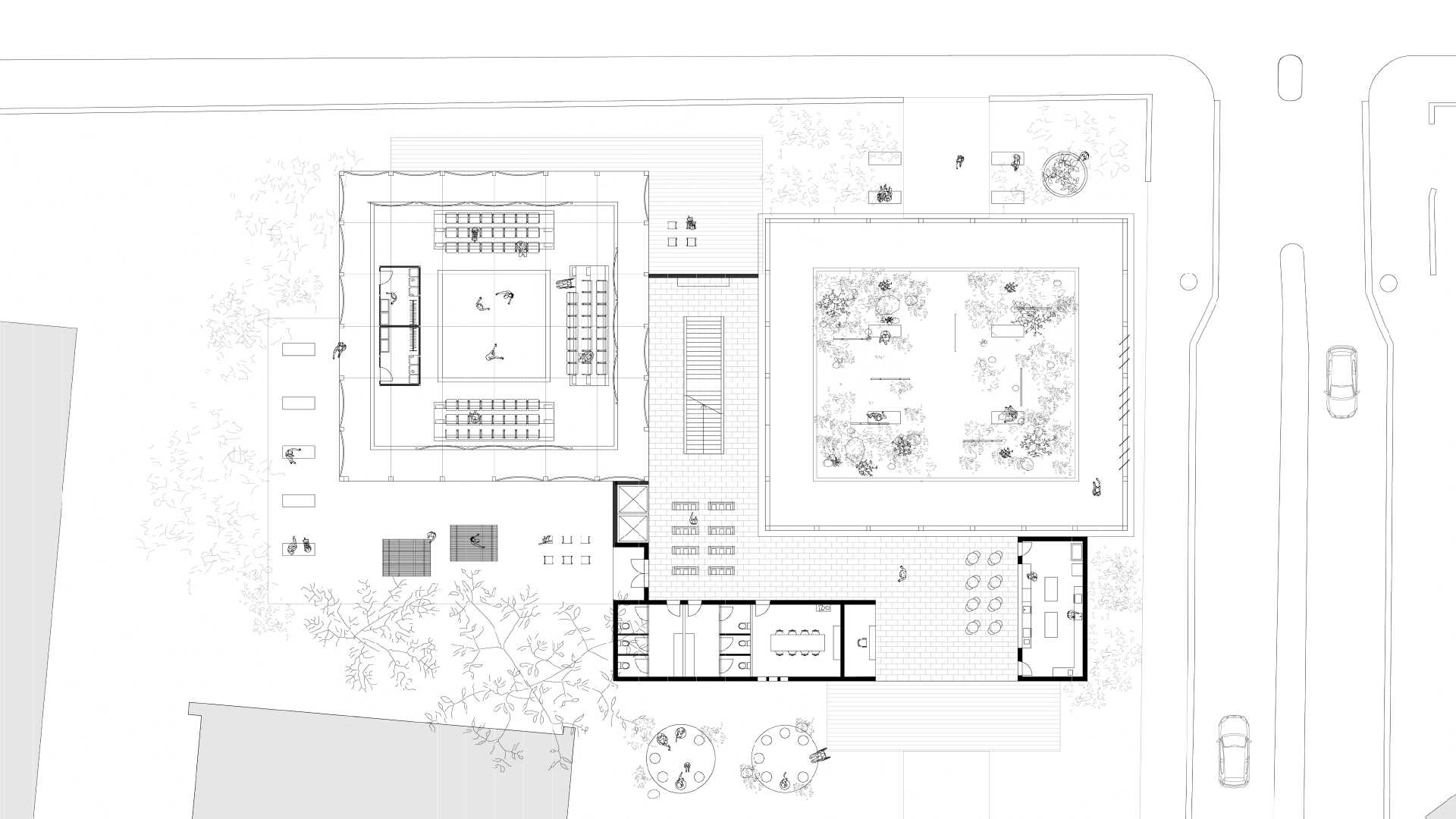 Ground Floor Plan | Circulation moves between the Hanging Gallery and the Veiled Performance Space, carrying visitors from the lightness of suspended displays to the more enclosed, embodied performance room.