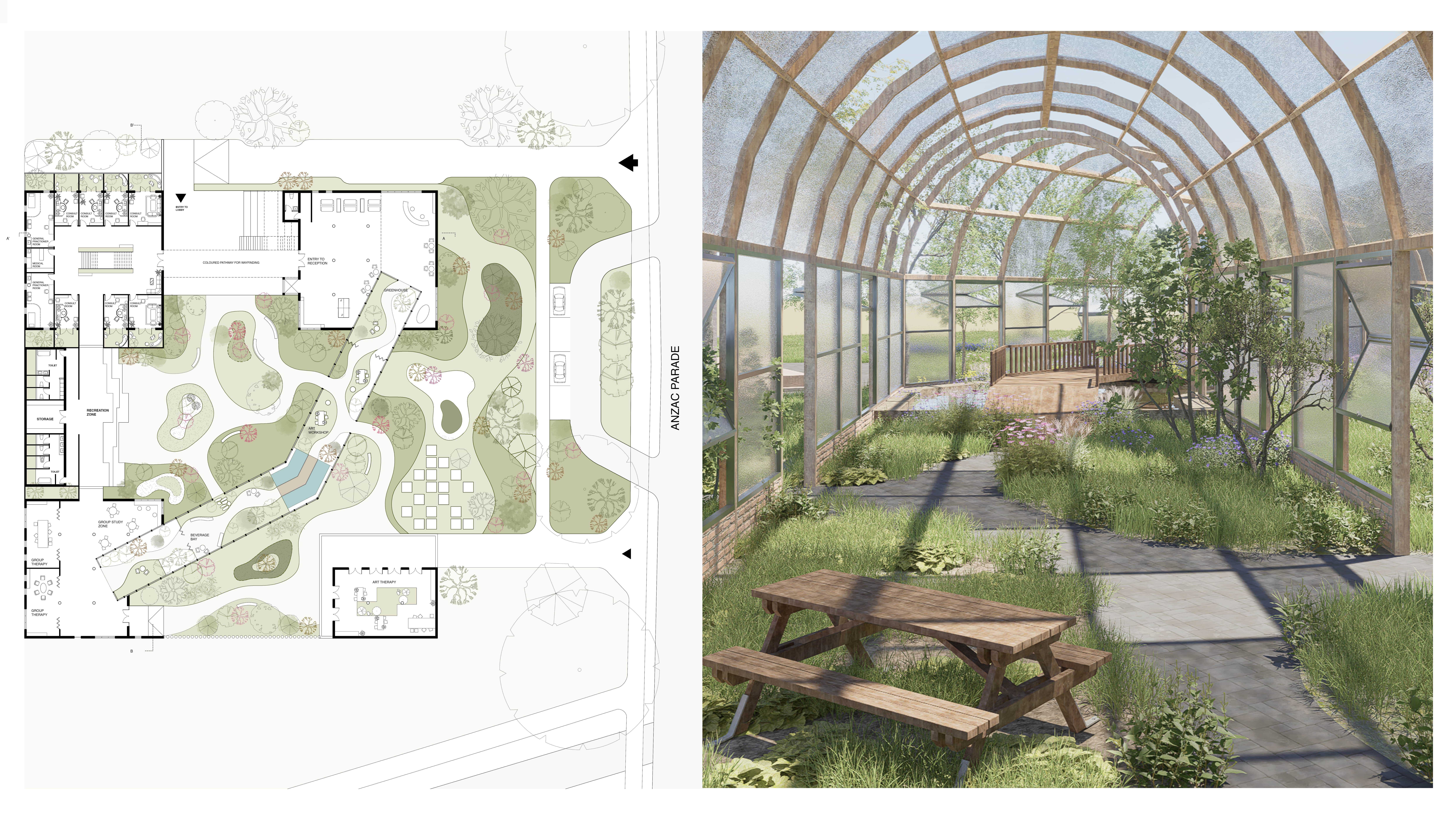 The greenhouse becomes a calm, transitional space through nature rather than a destination. With small nooks for reflection or conversation, it offers a place to breathe, wander, and simply be.