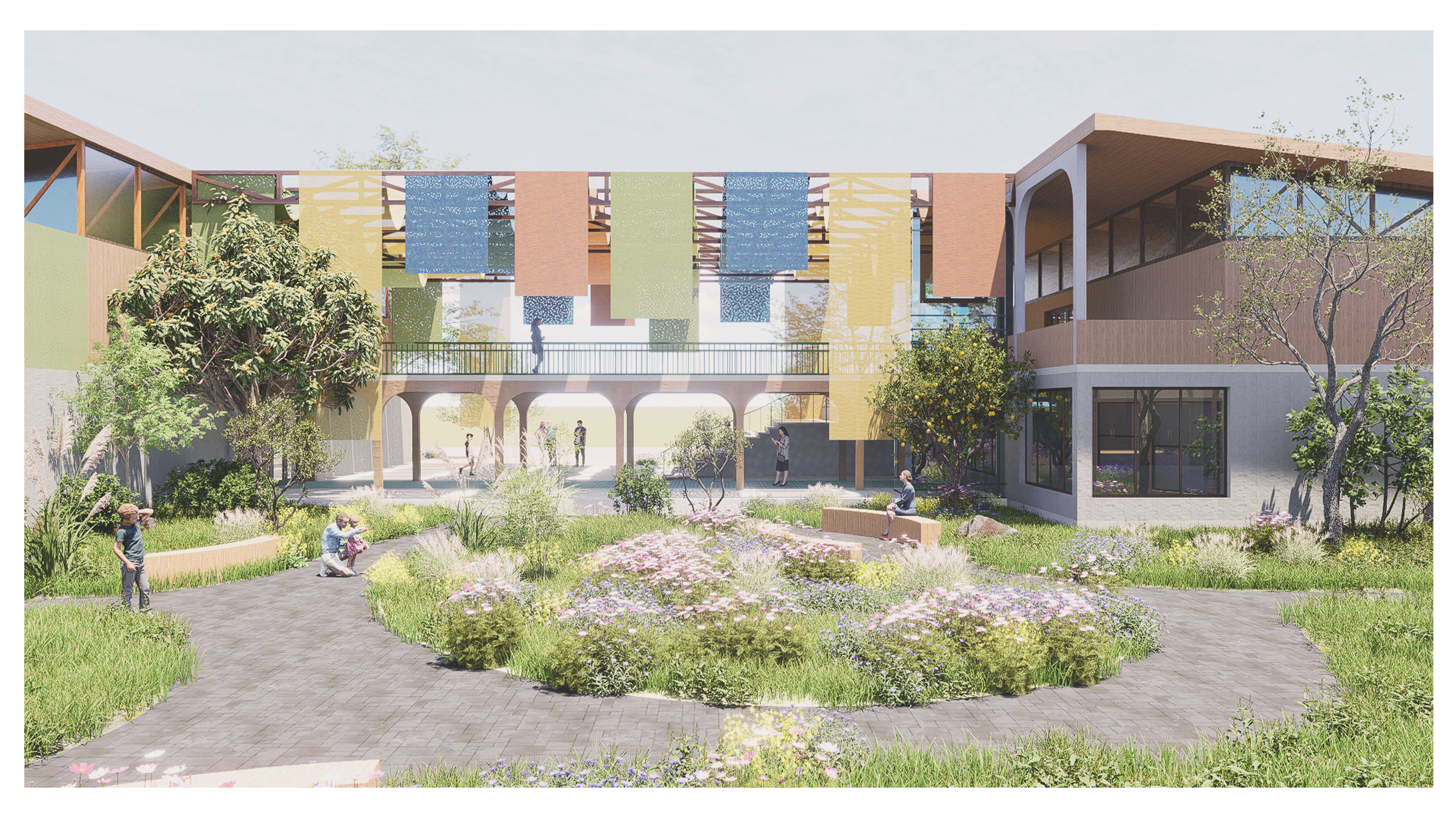 Tactile materials, native landscape, and layered textures soften the institutional edges of mental health care, shaping a Wellness Centre that embraces, comforts, and feels effortlessly like home.