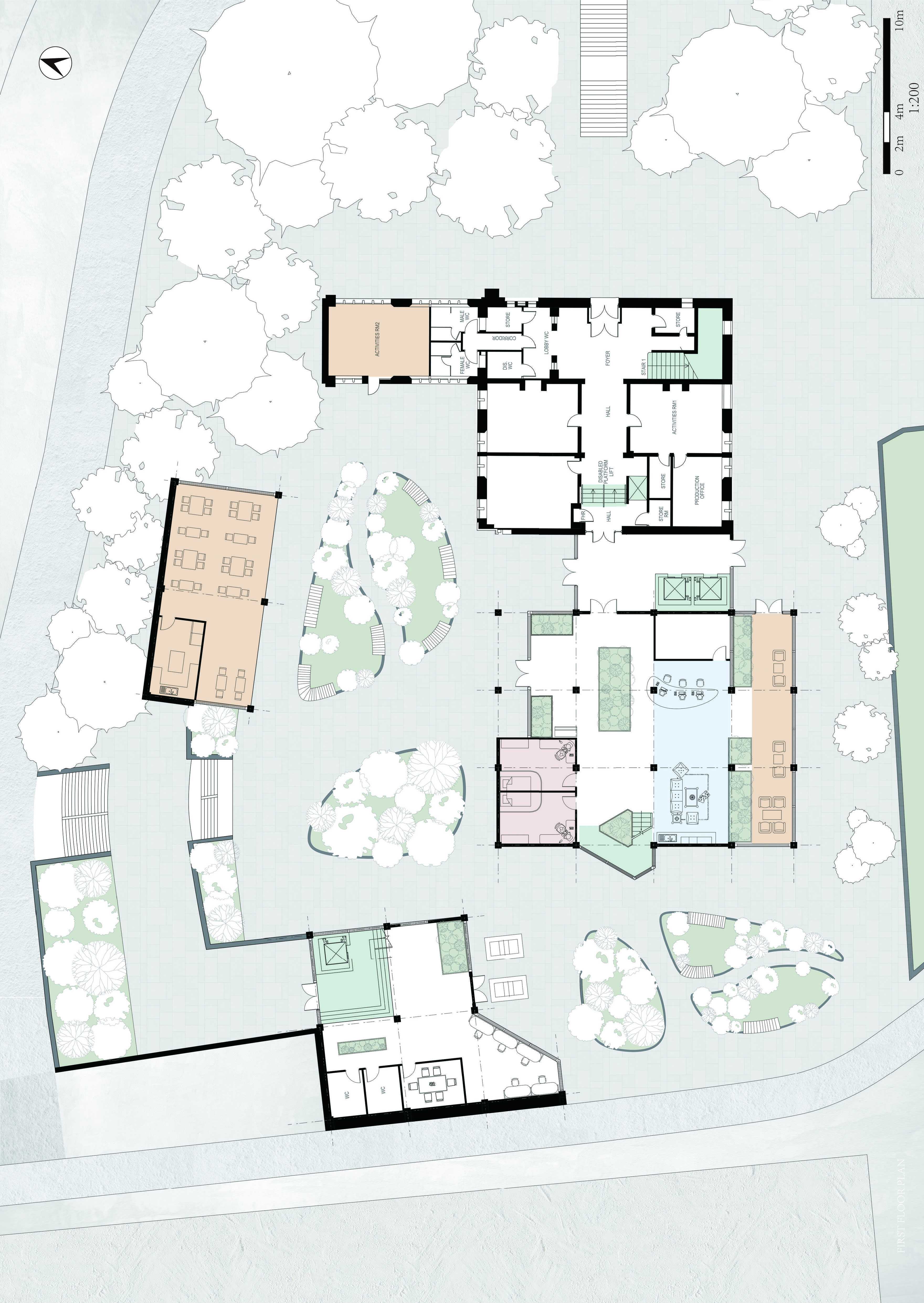 Ground Plan showing the central garden and space functions.