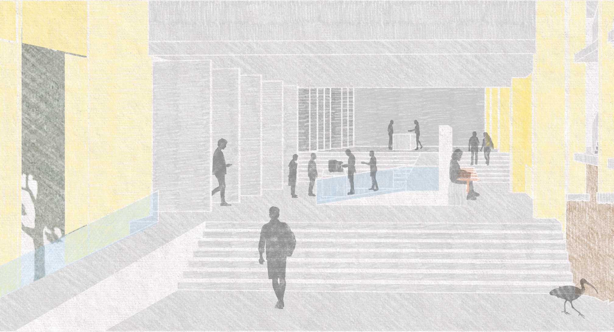 An open cafe and lobby area, with direct connection to the bare earth