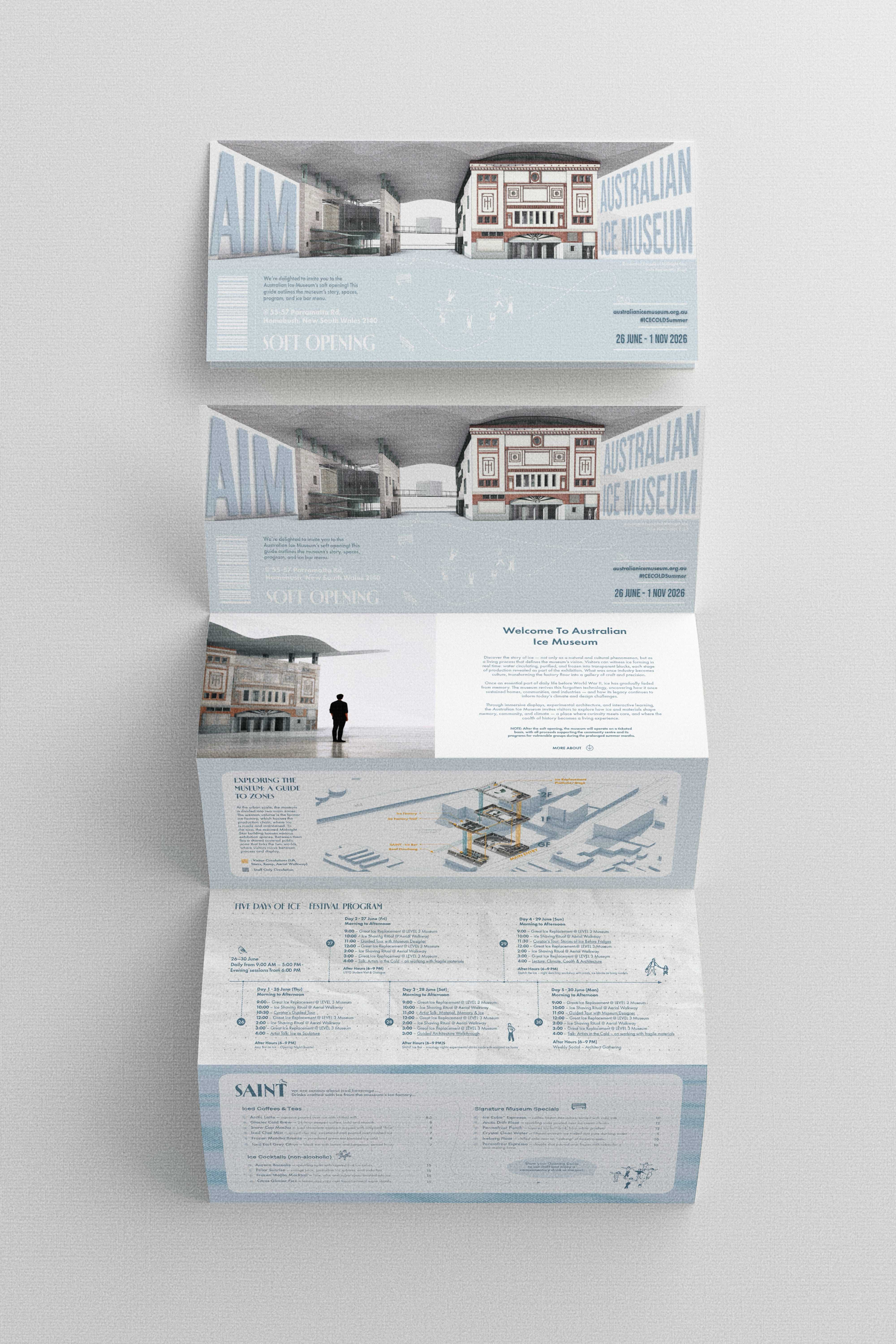 The media strategy relies on quiet visibility: an envelope revealing the Midnight Star, a postcard-ticket for the soft opening, and a pamphlet outlining the museum’s events, routes, and offerings.