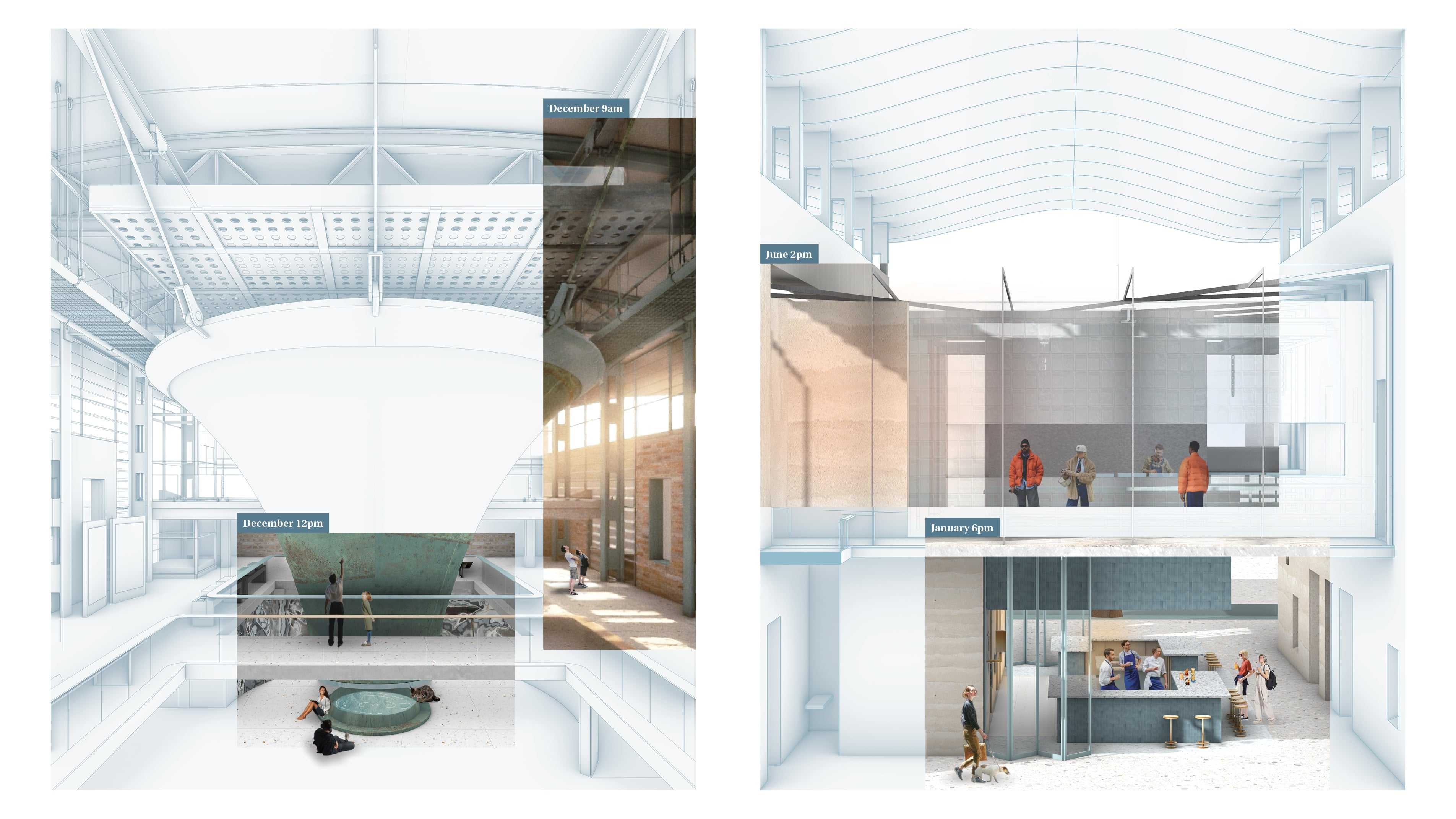 Climate inserts present perspectival views illustrating how the spaces respond to changing conditions across different times of day and seasons.