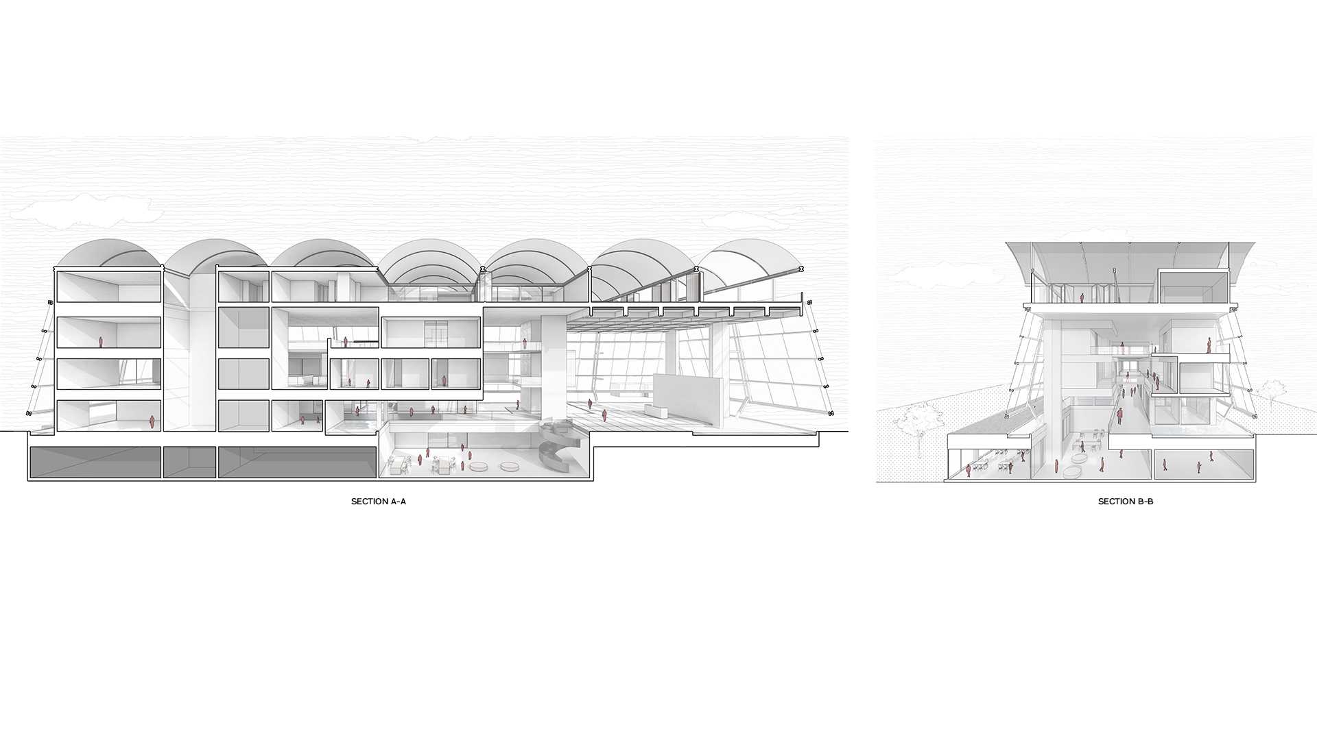 Sections revealing fragmented volumes, triple-height voids, and bridges that create layered thresholds and blur the boundary between inside and outside.
