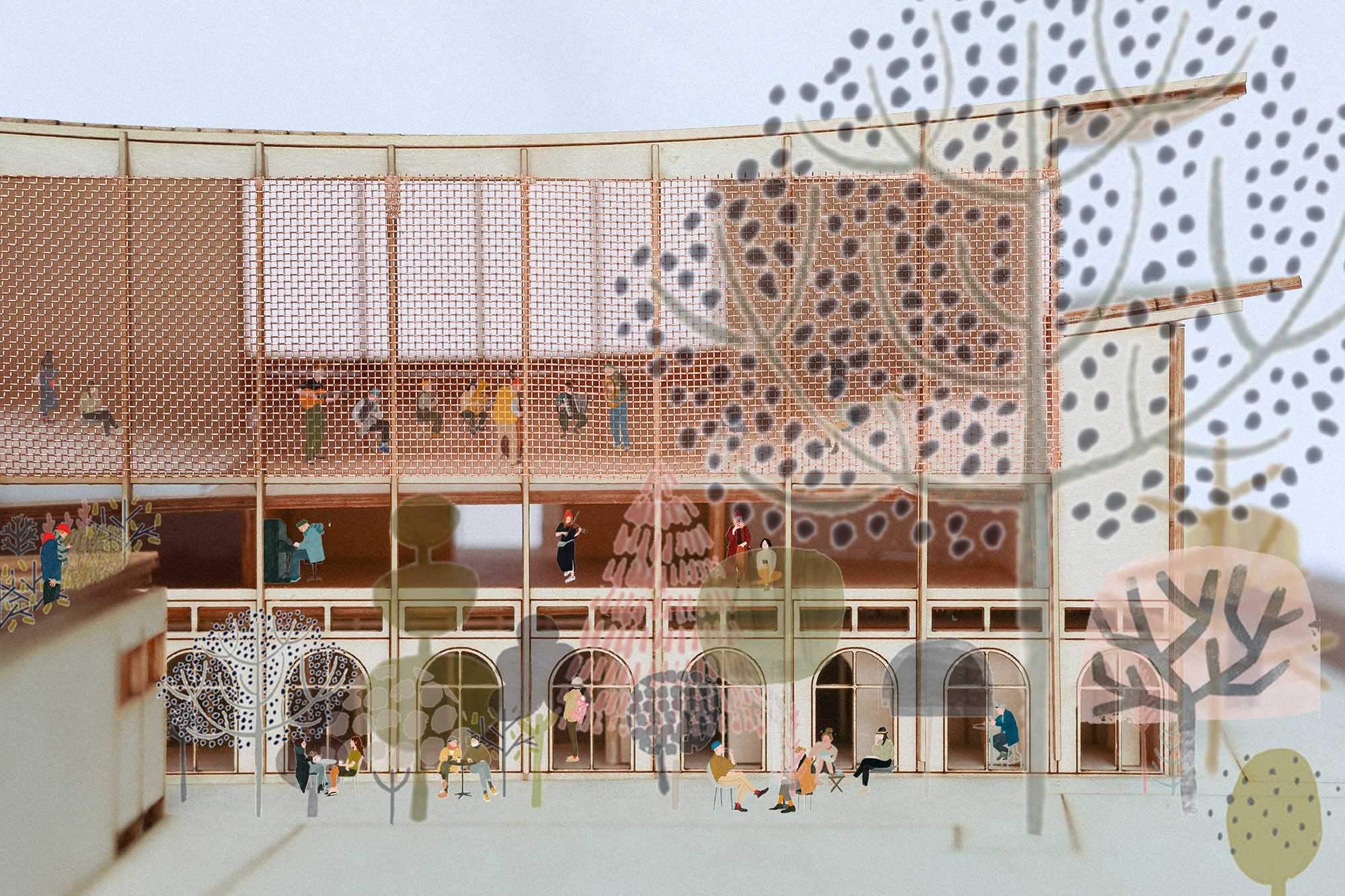 Visualising the west facade, an outdoor social space on the ground level and a backdrop for preparation and performance on the upper levels. 