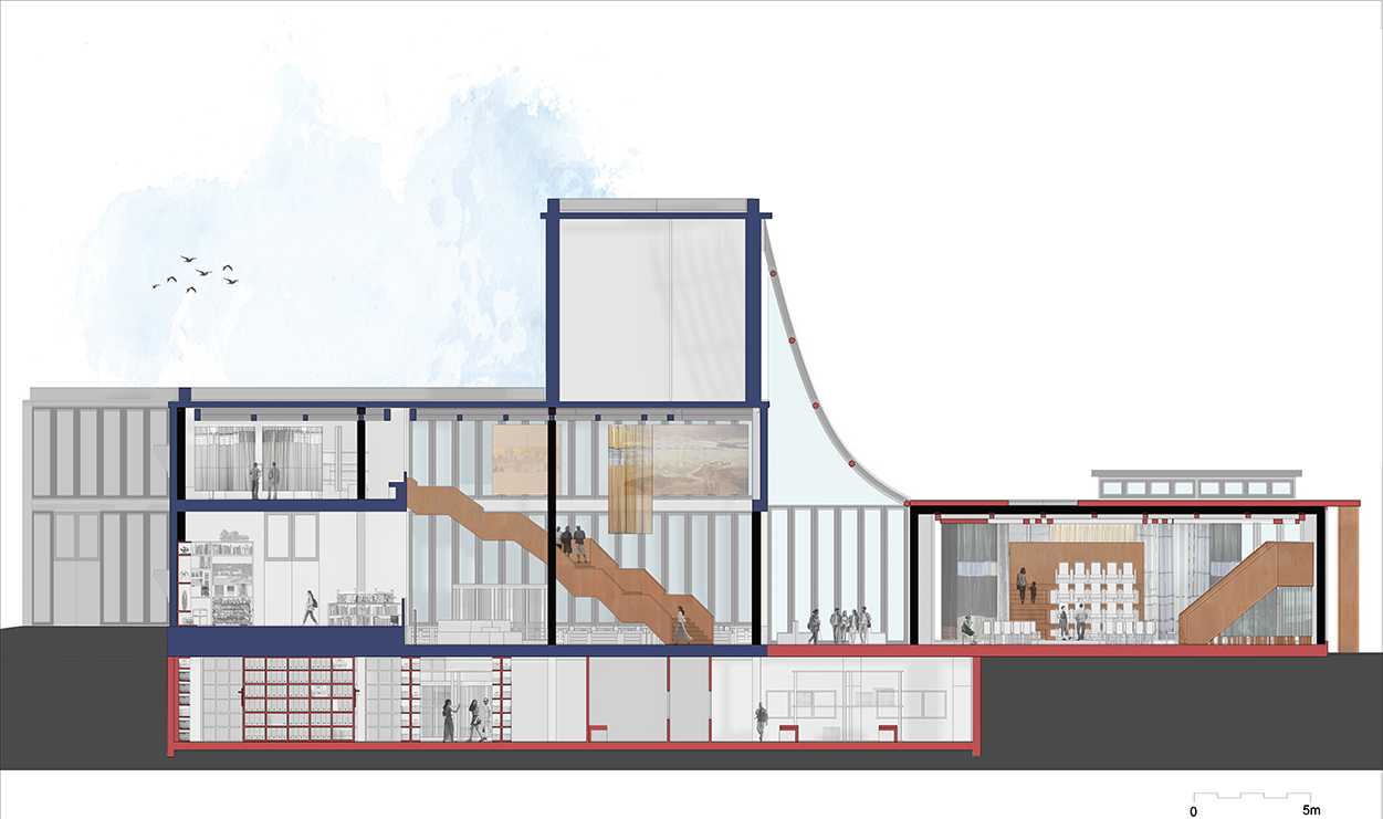 The section illustrates how the Torin building intersects with the new Parlour. The slope softens height differences and allows sunlight to reach both old and new structures, revitalising the site.