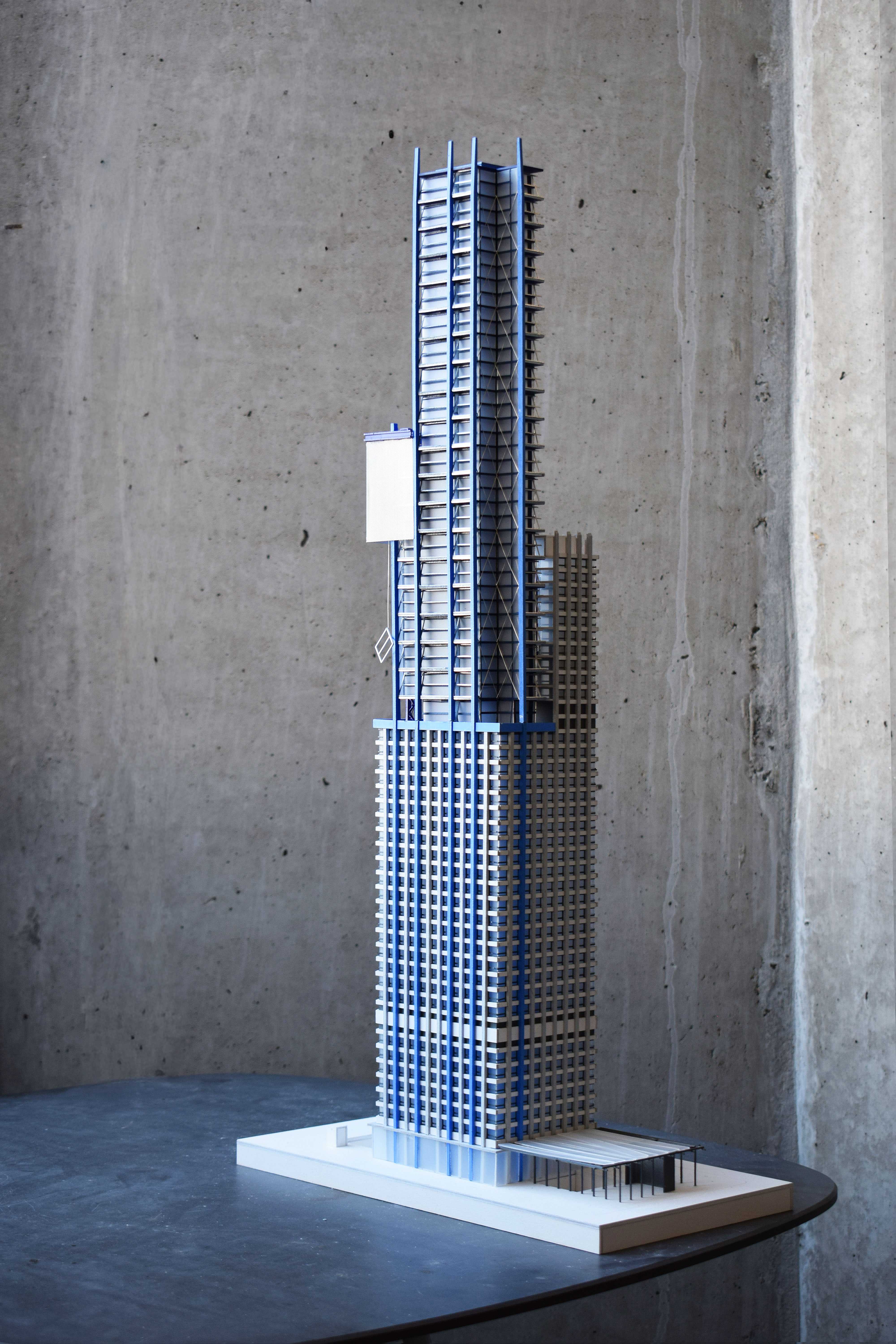 1:350 model

Demonstrating the building across it’s 4 stages; existing, deconstruction, reconstruction, complete. Referencing the colour coding used within the de/reconstruction methodology, blue denotes reconstructed, and purple denotes construction systems.