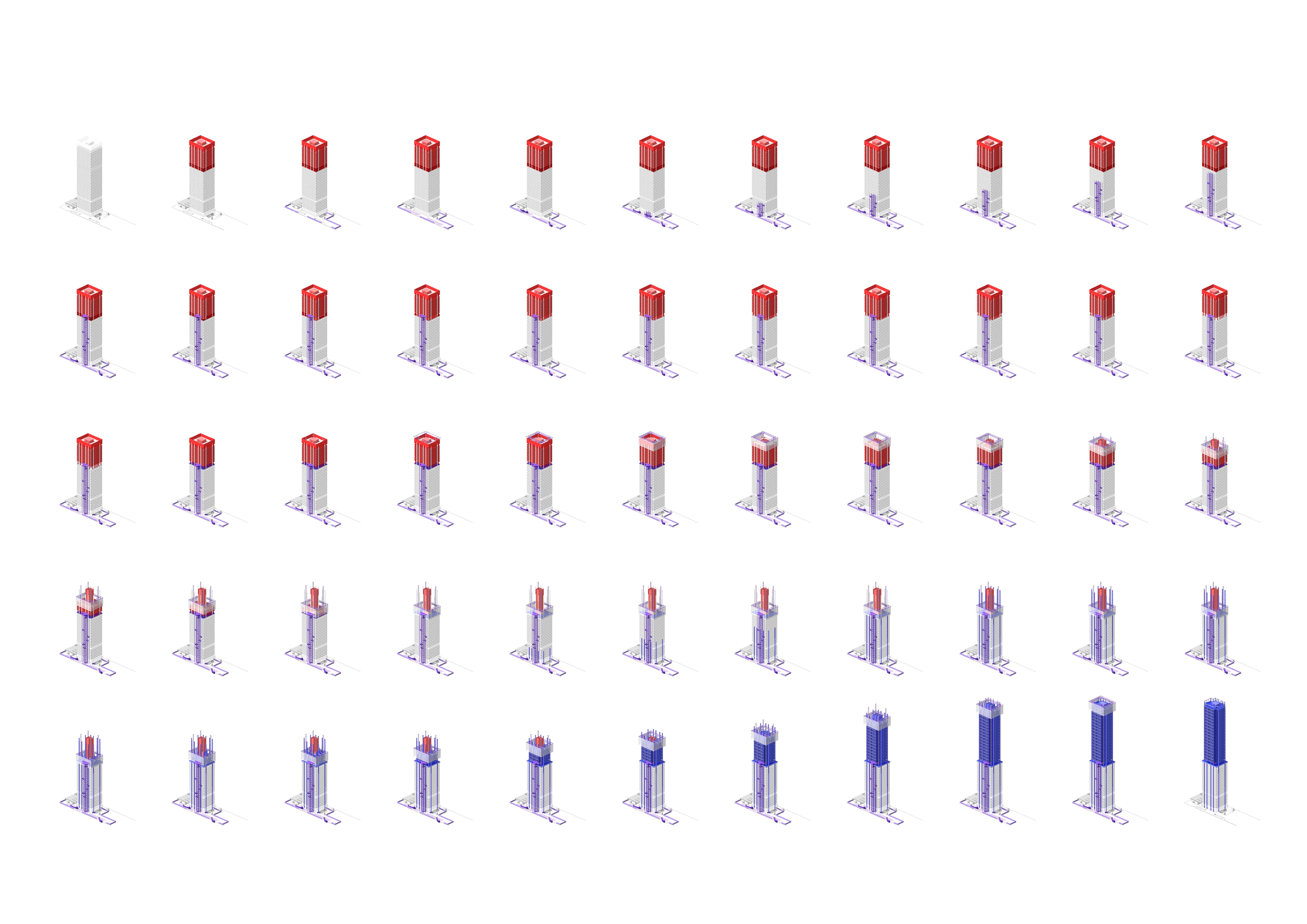 Video frames capture each step of the workflow: selective removal, controlled lowering, on-site processing, and reconstruction, highlighting how the adapted Tecorep method enables a continuous, non-disruptive transformation of the tower.