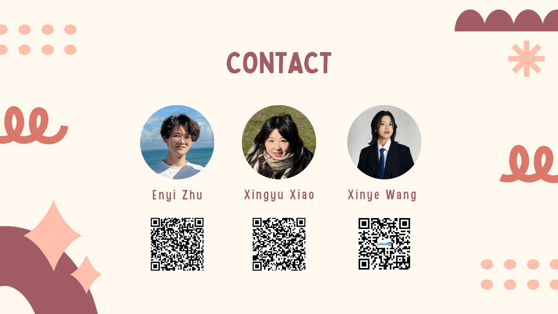 Our team and contacts. Enyi Zhu leads project management and design quality; Xingyu Xiao specialises in UI/UX and visual design, Xingye Wang for video production and Partial research content.