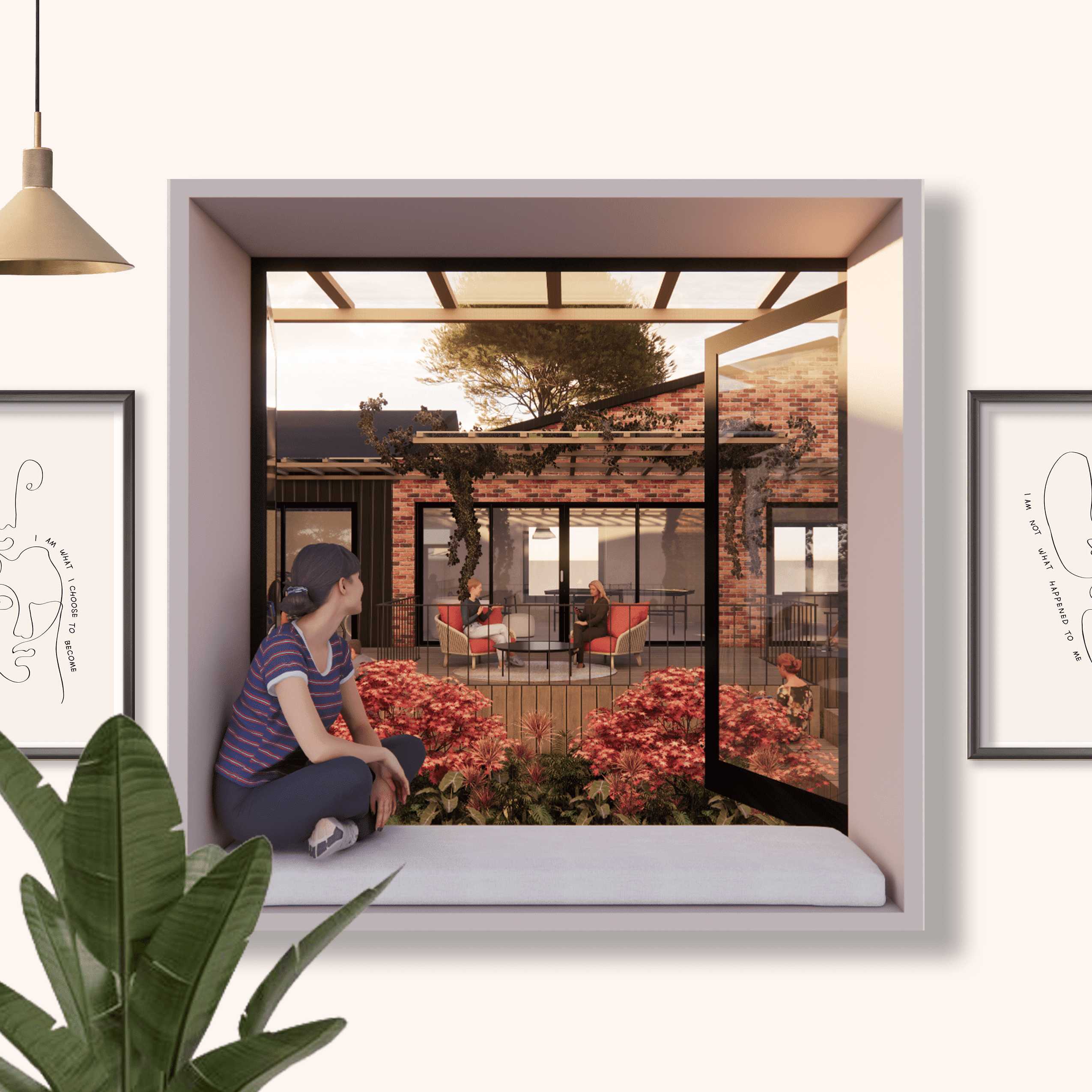 The image shows a warm, home-like view from a window seat into a landscaped courtyard, highlighting openness, connection, and a calming therapeutic environment. 