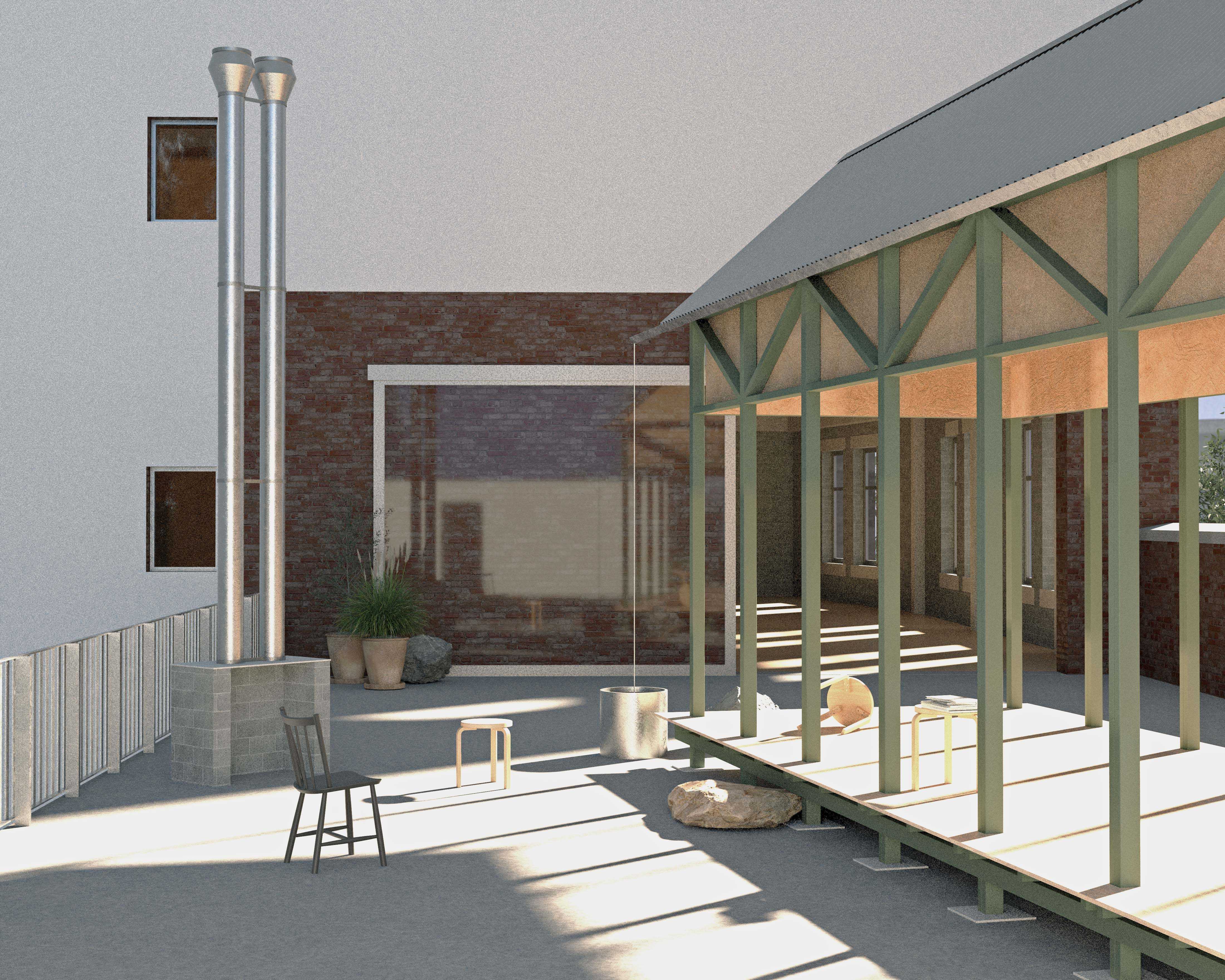 A shared gallery space opening out to a rooftop terrace, maybe an extension of the laneway, which might facilitate outdoor installations or small architectural pavilions