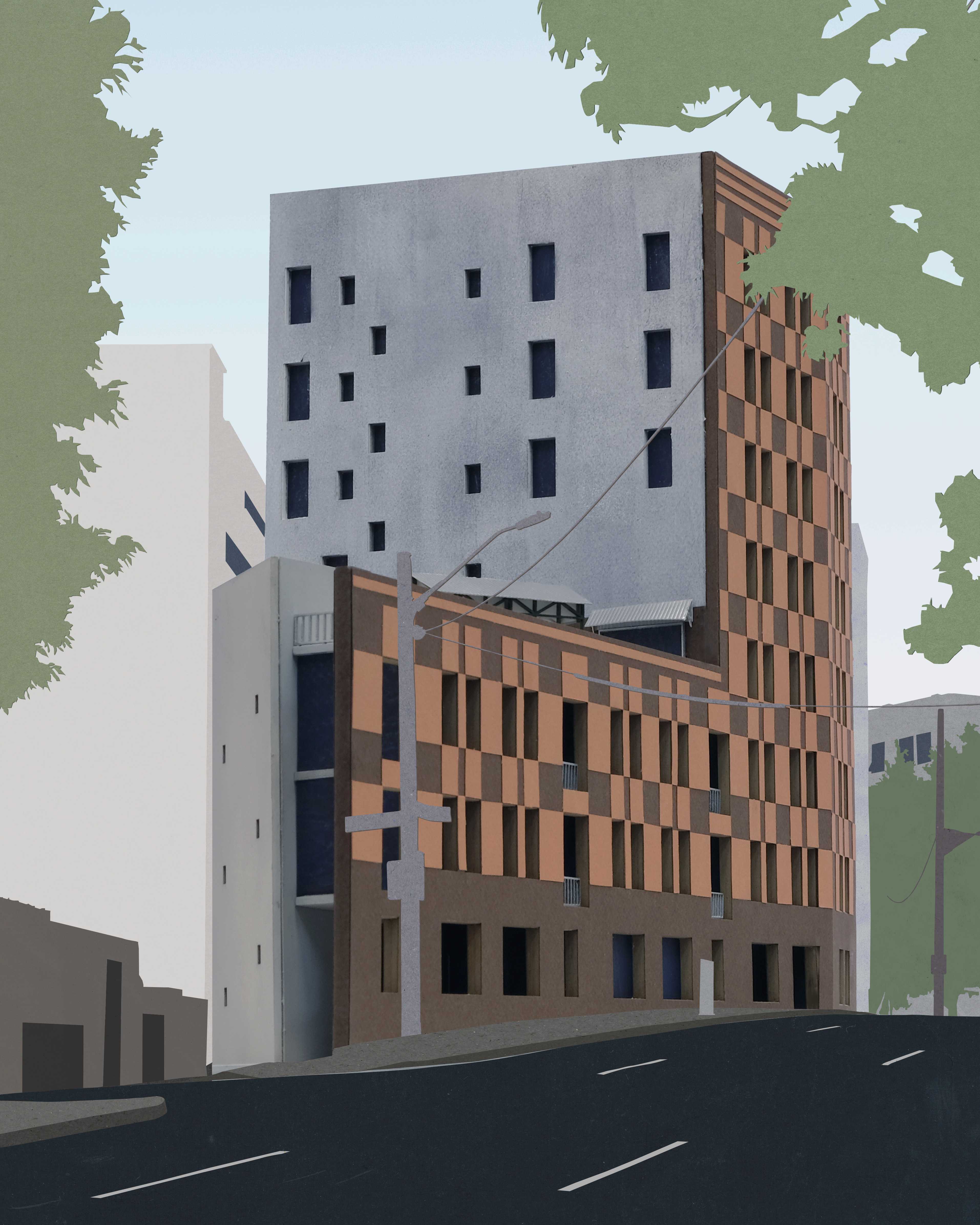 A view of the project site from Randle Street, exposing the thinness of the expressive street facade and the looser infrastructural building behind