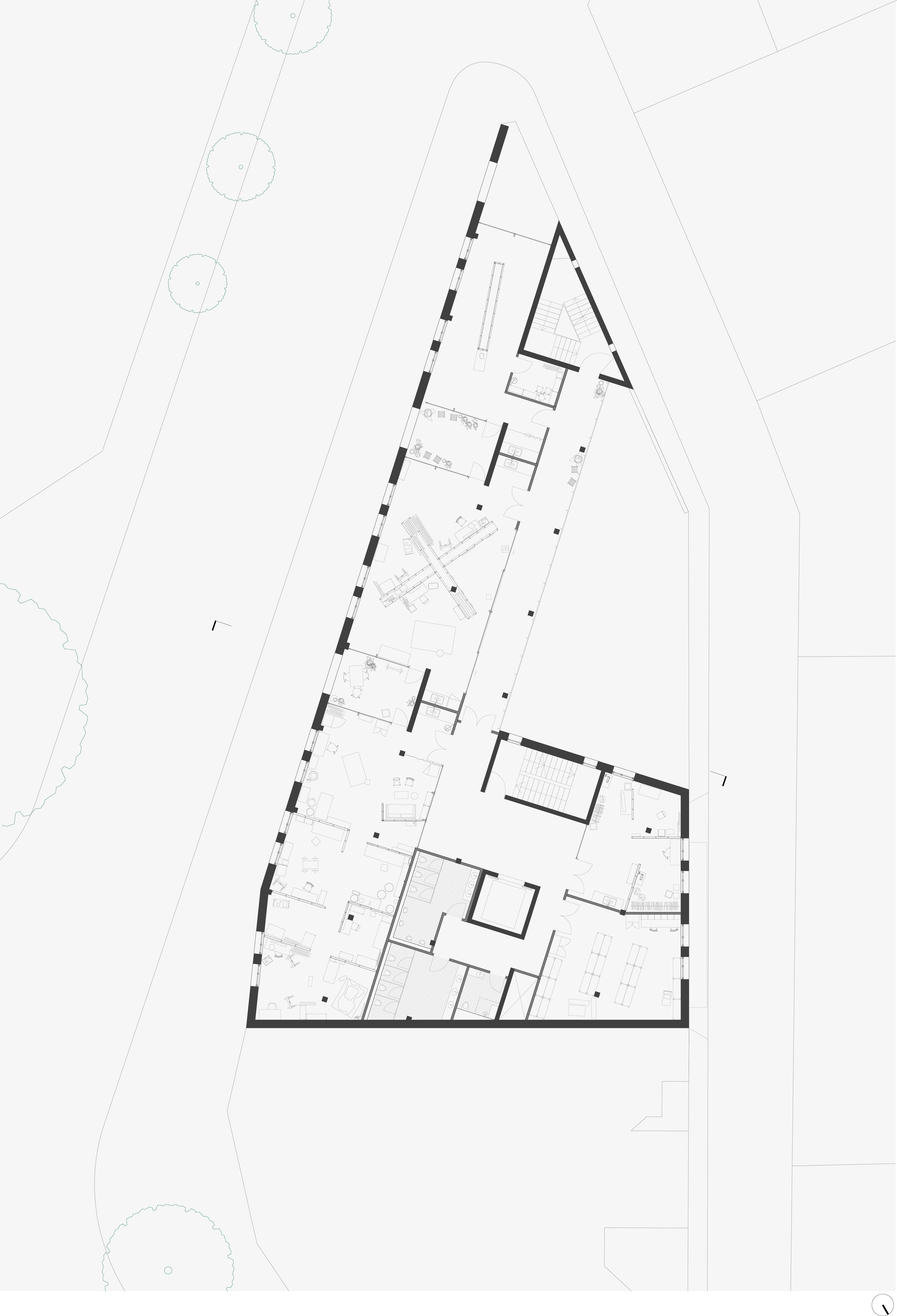 Typical artist studio floor, with studios arranged over two levels, accessed by wide corridors with shared loggias, housing archive spaces, libraries, small galleries, studios, or any mix of the above.