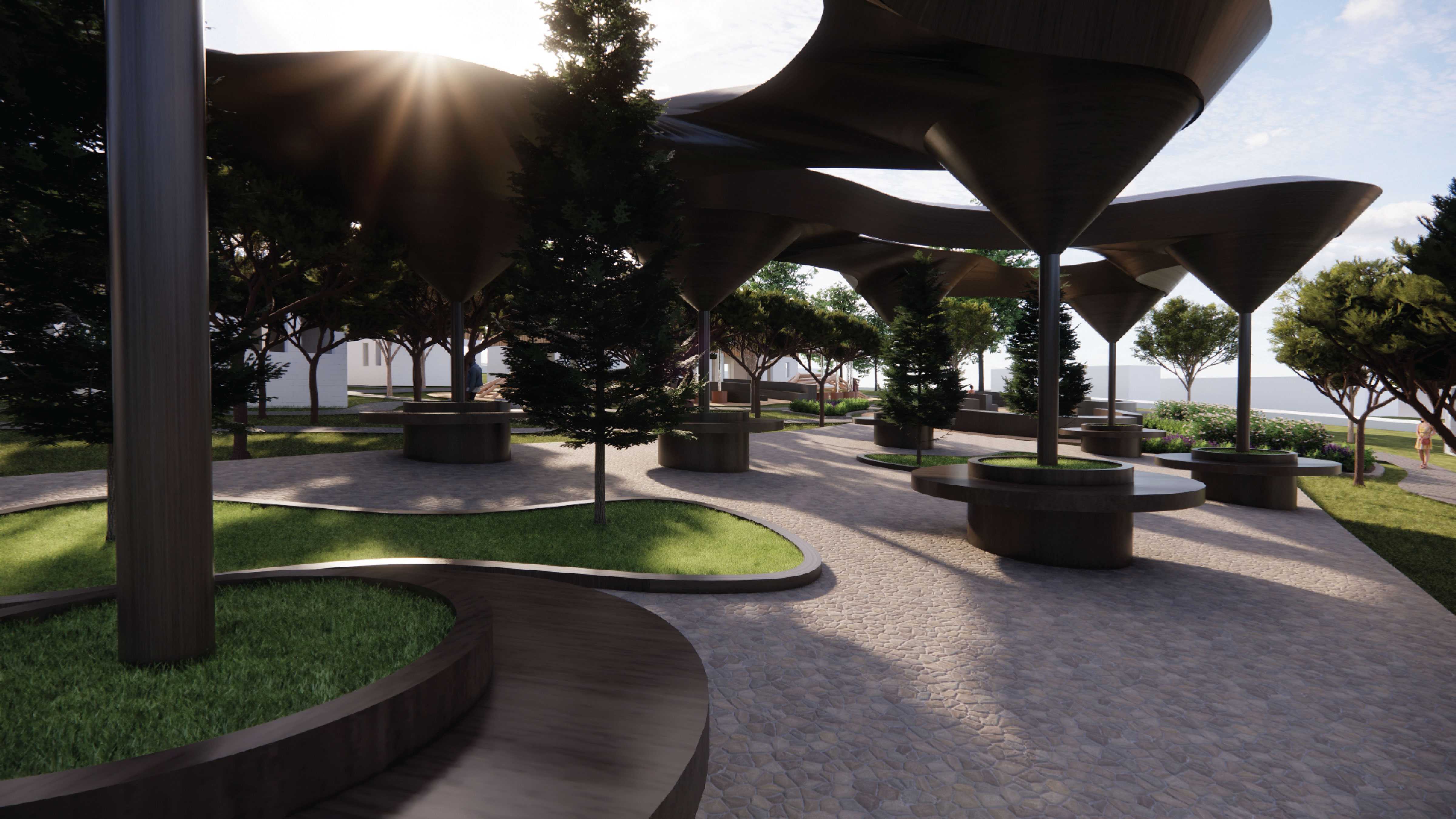 The Communal Eating space, A modern tree canopy design nestled next to a sound garden, hosting chimes that mimic the cockatoos' calls, transforming the space into a living acoustic environment 
