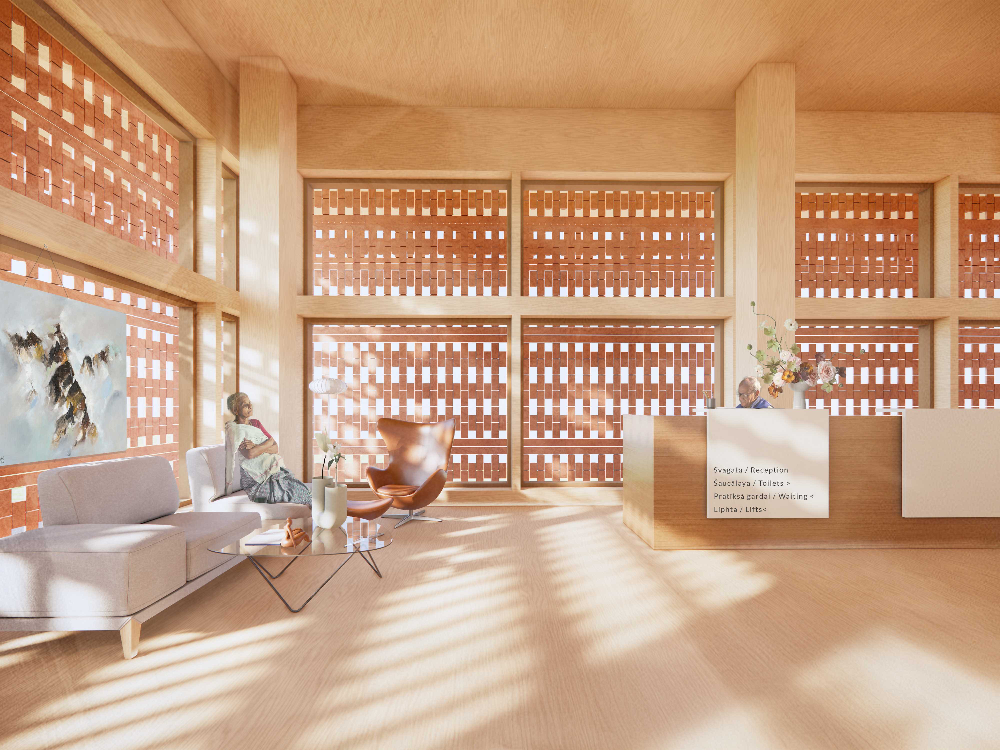 The consulate space within the embassy - a mass timber building with dachi appa brick second skin facade. 