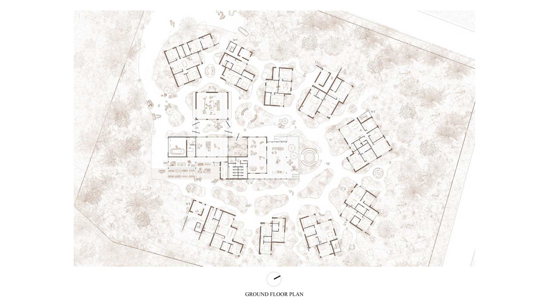 Ground Floor Plan, consisted of cluster homes and shared communal gathering spaces and amenities.