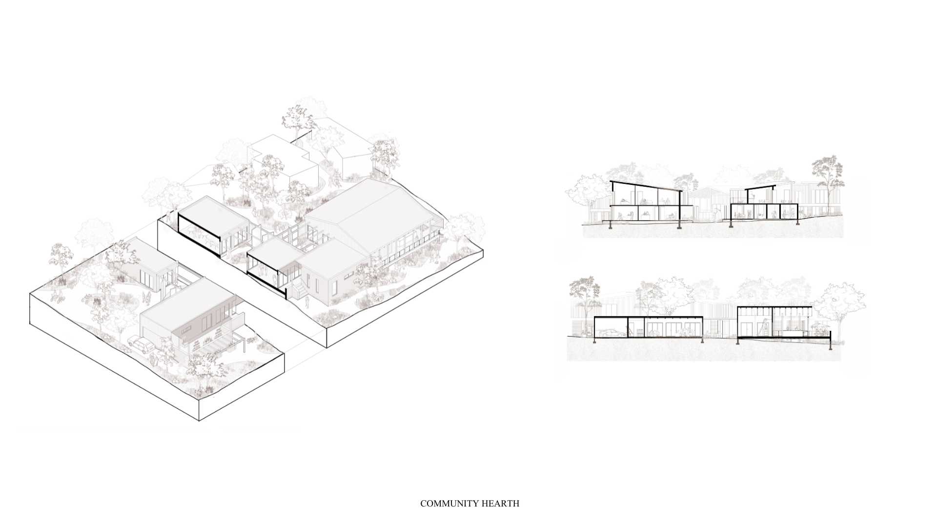 Sections of the community hearth, featuring pivoting walls that double as additional shading and adjustment of cross ventilation. Connected through semi-outdoor threshold spaces that deepen community ties.