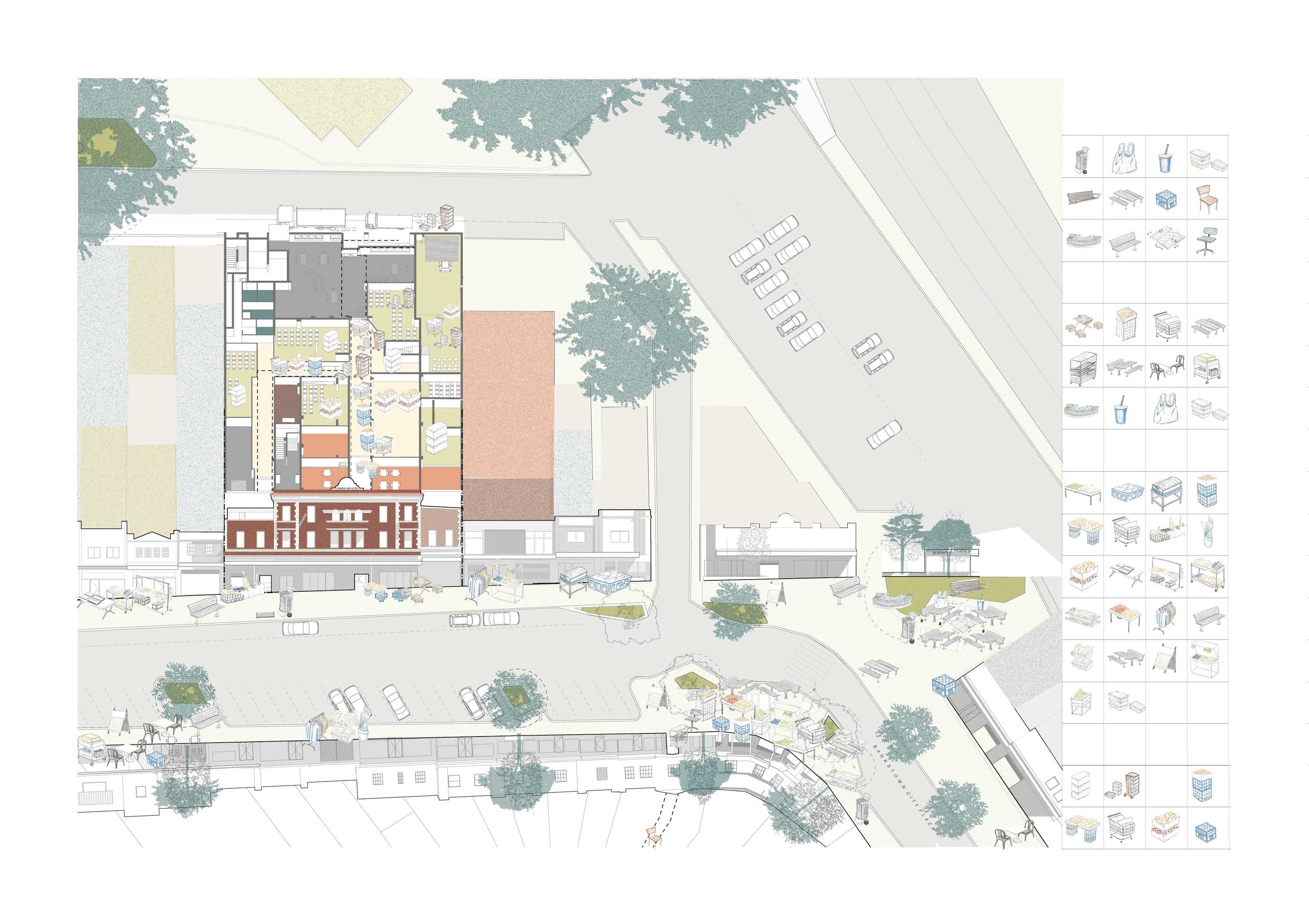 Existing object mapping; Study of Bankstown Chapel Rd, use of the street. Finding strength in community and small scale economies. Seeing a gap in public recreation spaces. 