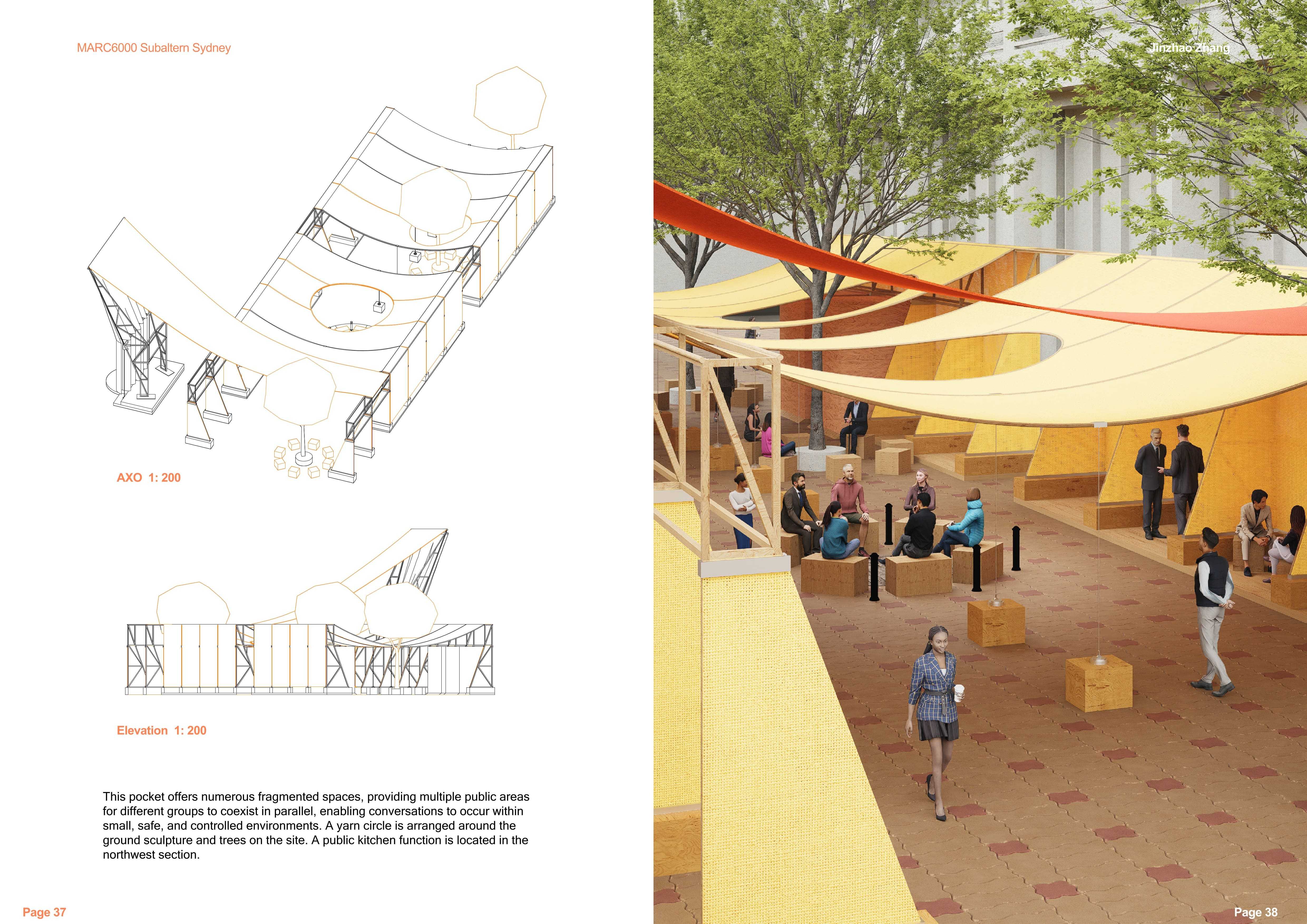 Fragmented pockets nestled between the church and office building form a ribbon-like space, while open conversation circles facilitate multiple parallel discussions.