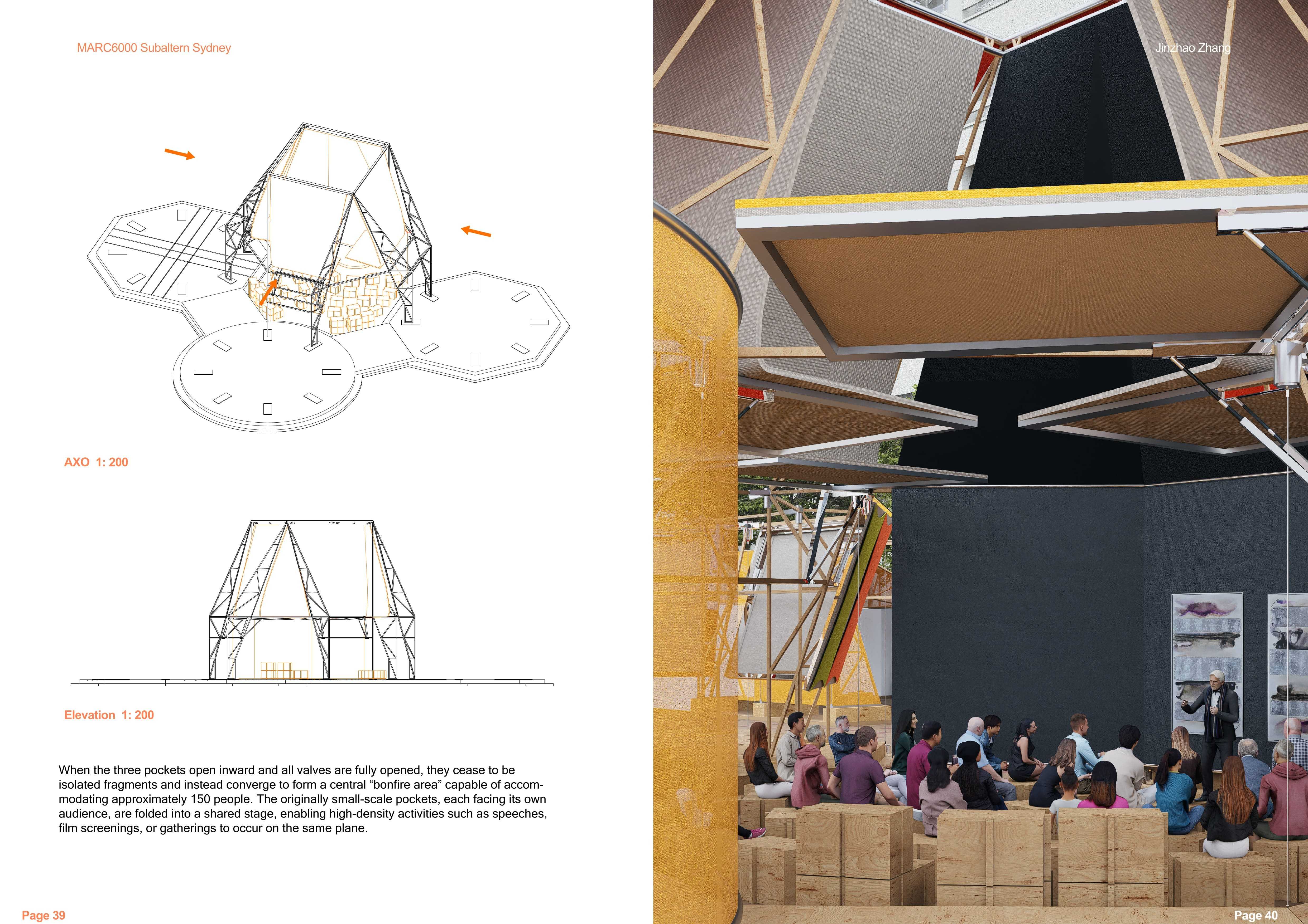 When the three pockets fold inward, their separate audiences merge into a shared bonfire arena, creating a central stage for speeches, film screenings, ceremonies, and large community gatherings.